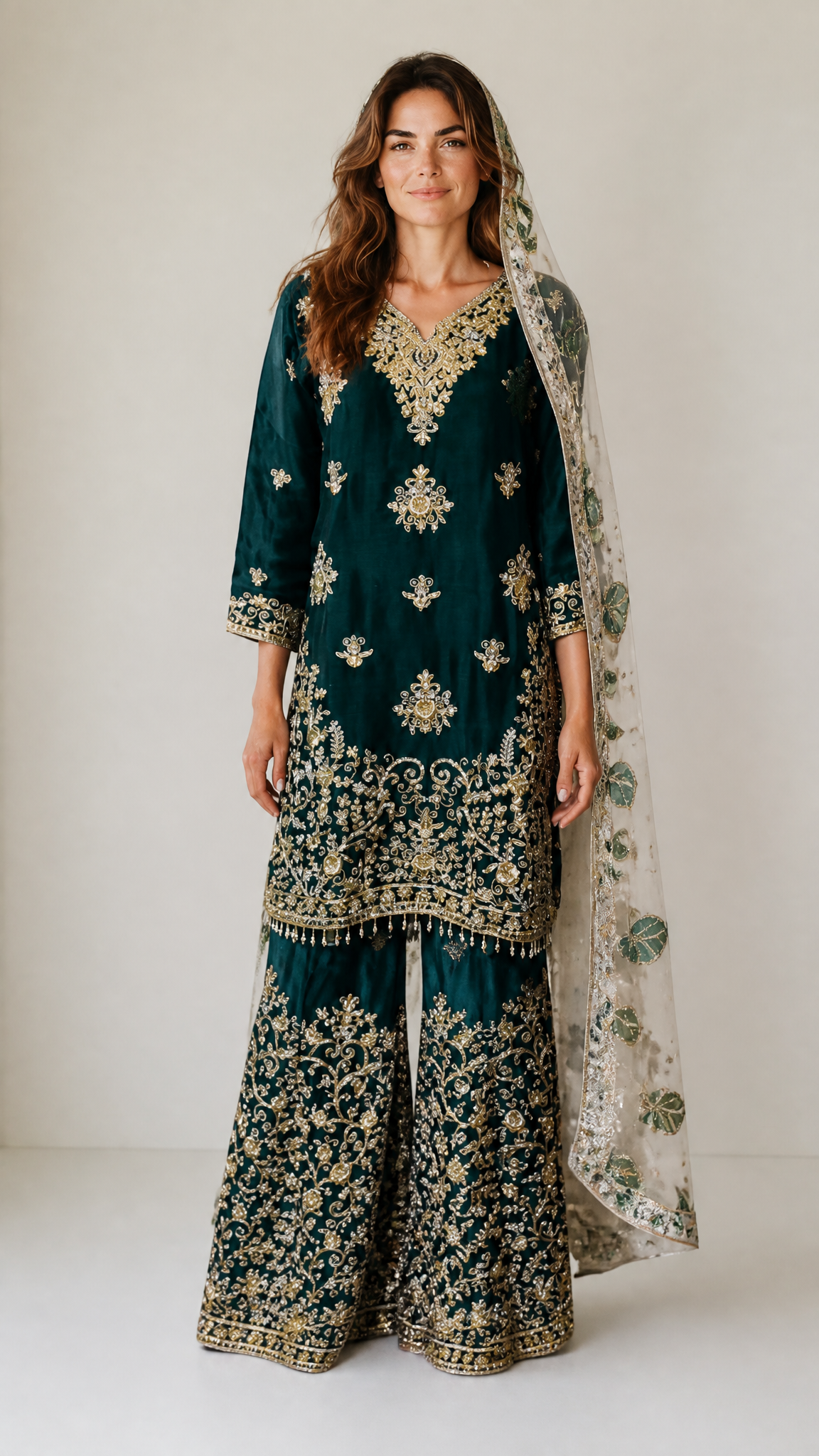 Russian Plazo Dress by Saree Ghor Charlotte, stylish women's cultural salwar kameez with intricate patterns and vibrant colors.