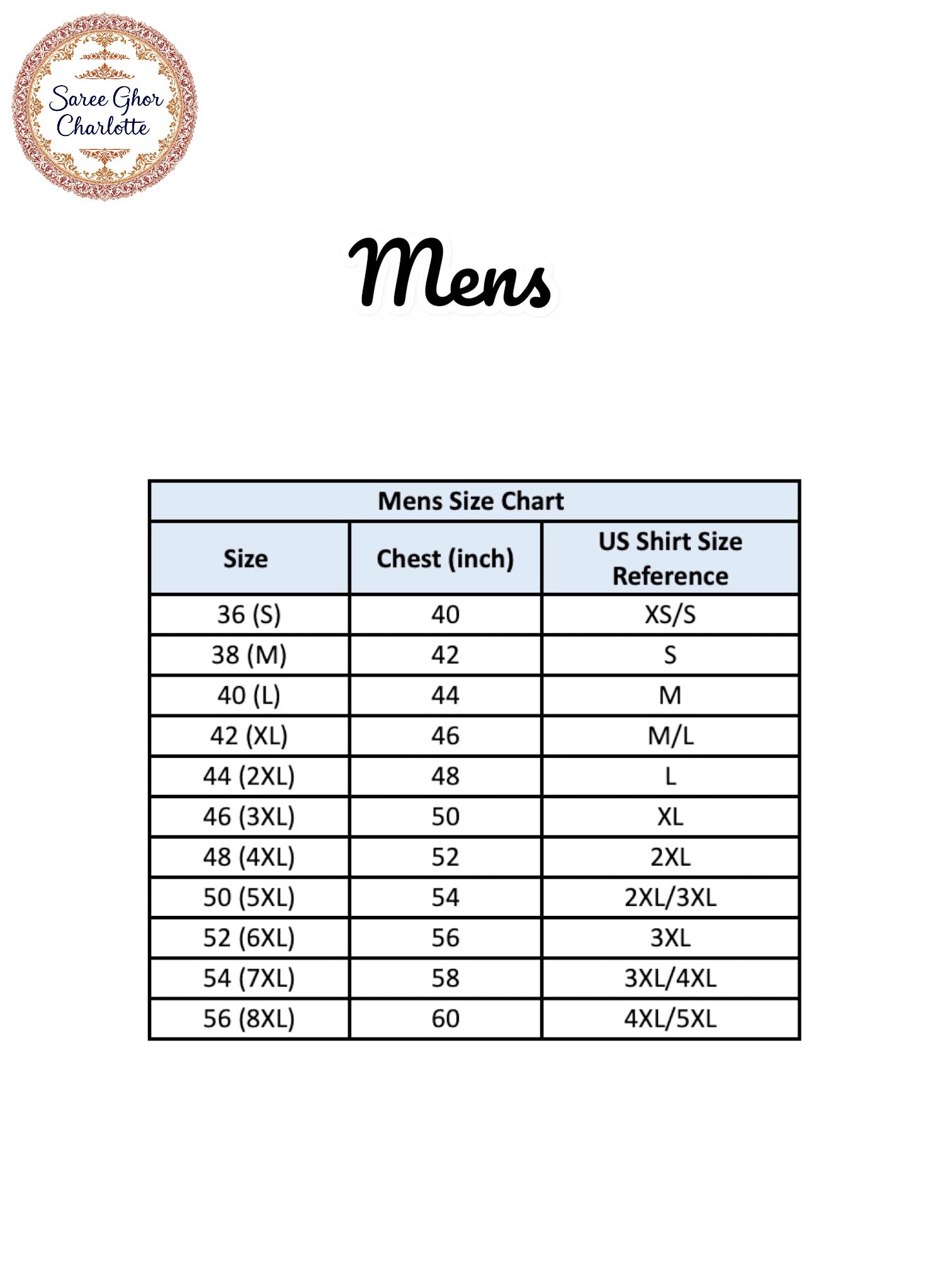 Men's traditional soft cotton kurta from Saree Ghor Charlotte, shown with size chart for proper fit.