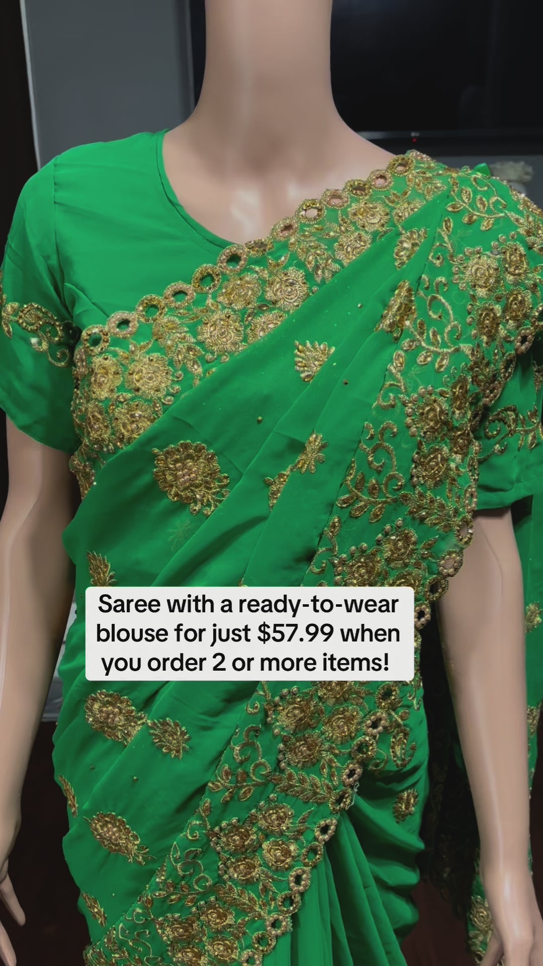 Load video: Traditional Designer Green Saree with Ready Blouse, Elegant  Cultural Wear