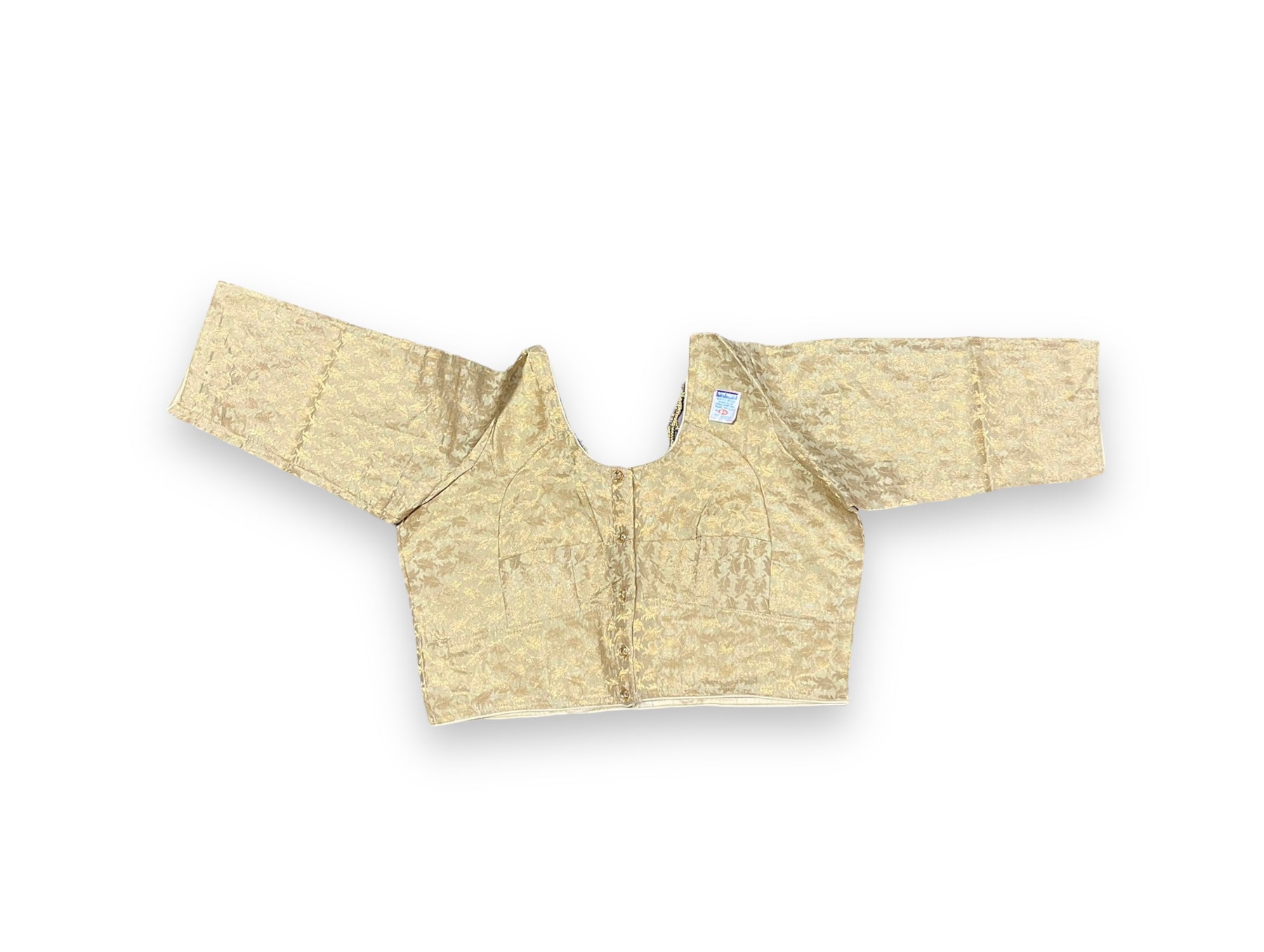 Golden traditional ready-made blouse for saree by Saree Ghor Charlotte, showcasing intricate ethnic design for women.