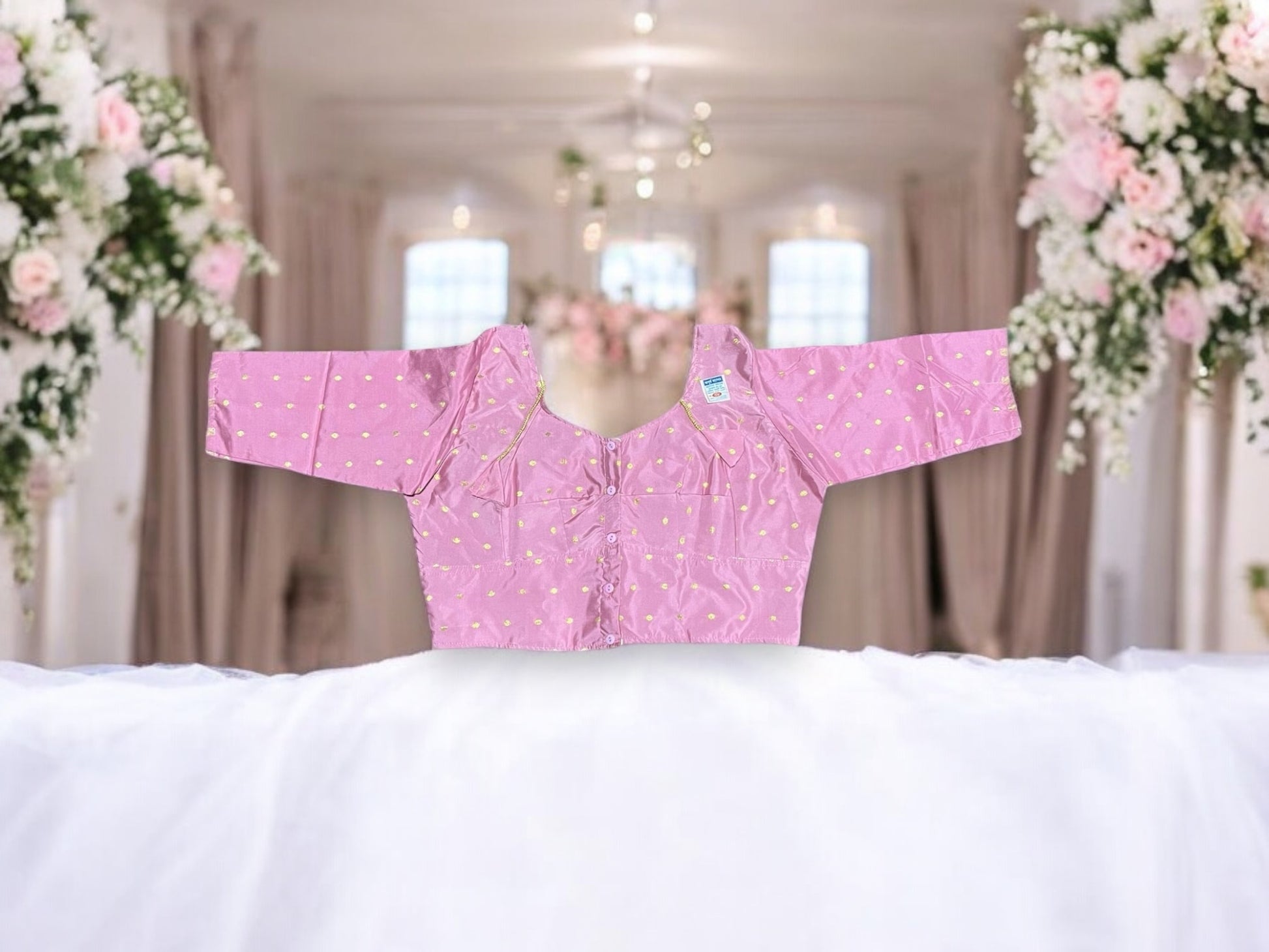 Pink traditional ready-made blouse for saree by Saree Ghor Charlotte, featuring ethnic design and intricate embroidery.