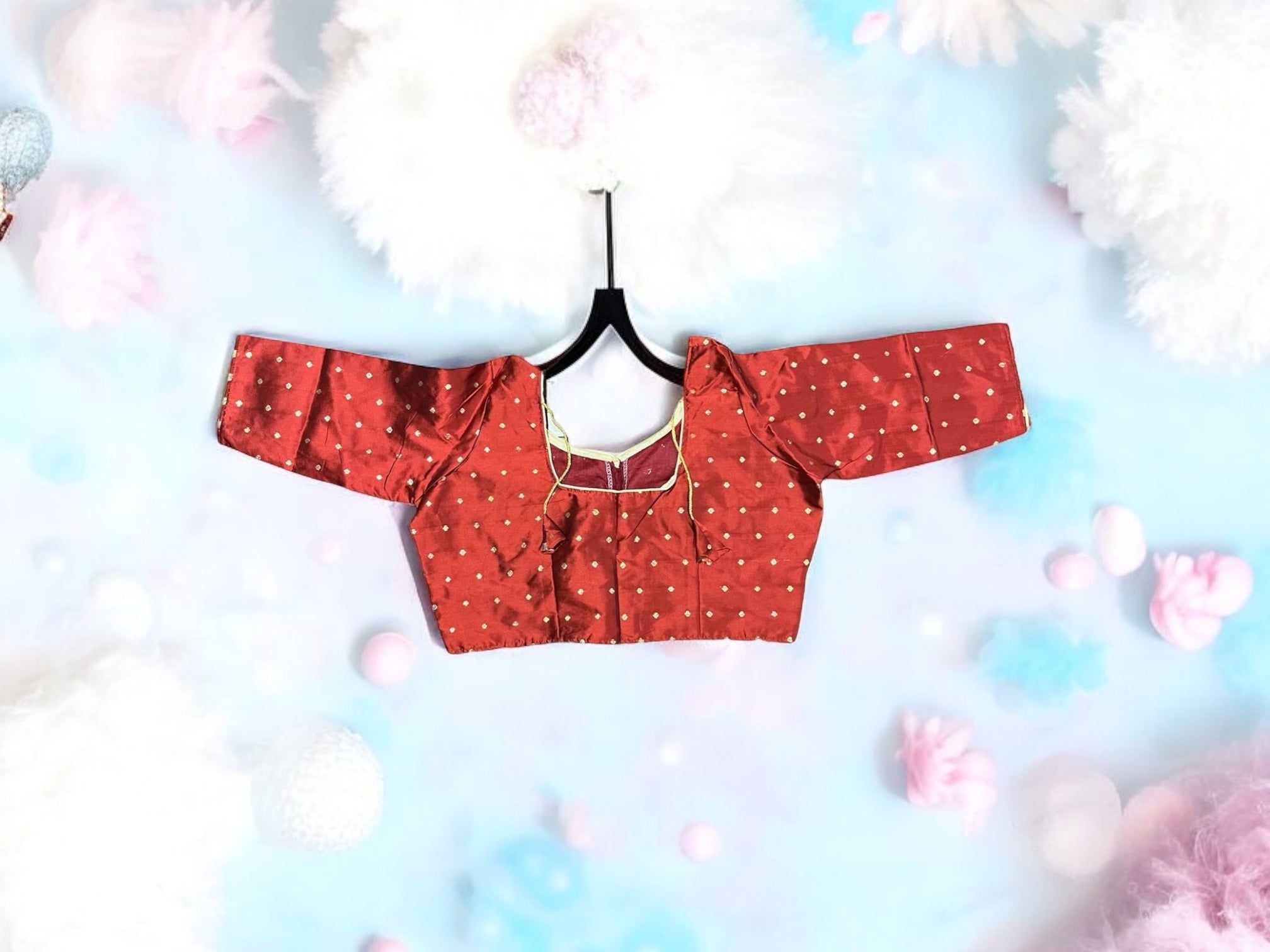Red traditional ready-made blouse for saree by Saree Ghor Charlotte, featuring ethnic design and detailed embroidery for women.
