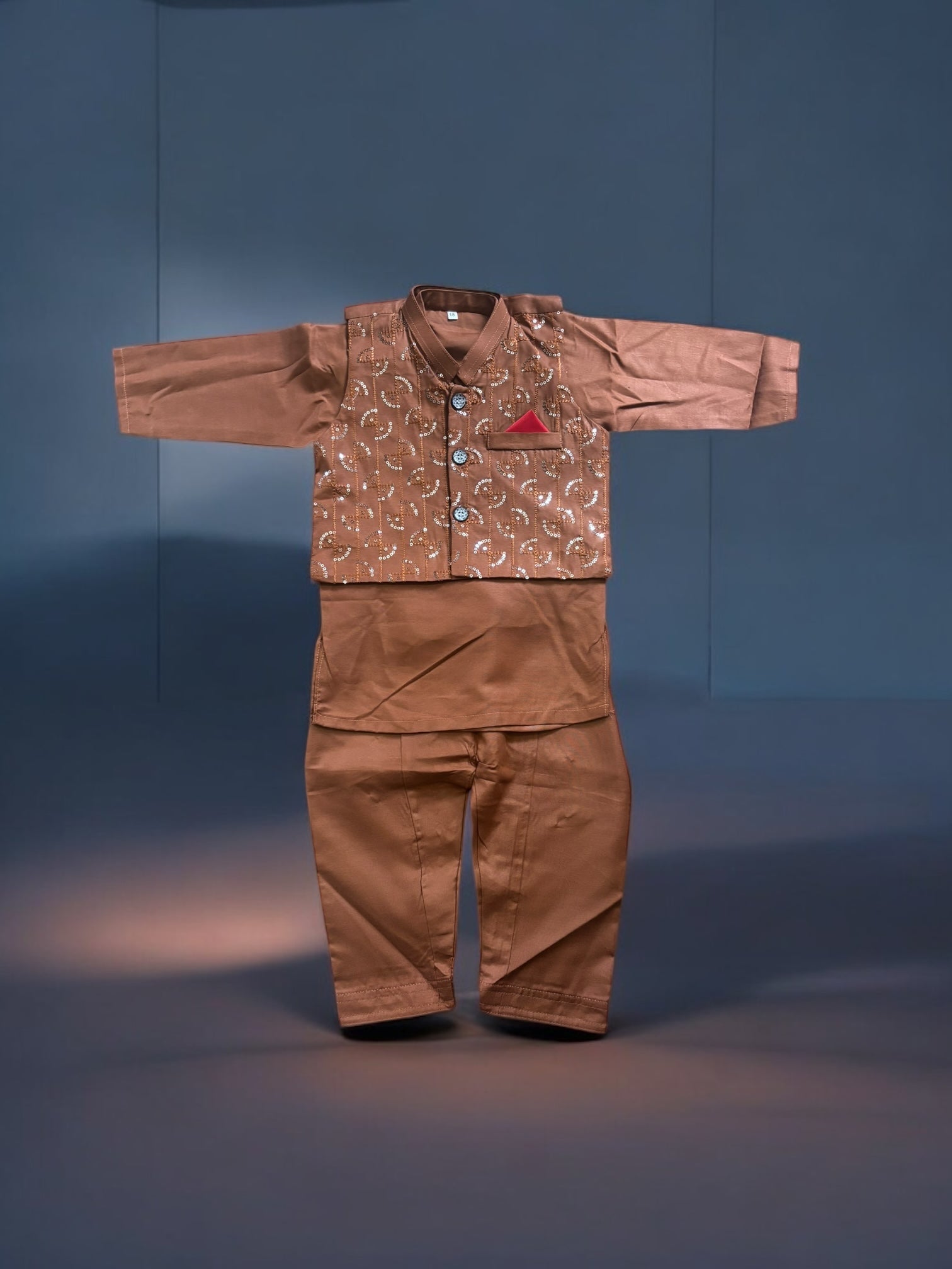 Baby boys traditional kurta, pajama, and coat set by Saree Ghor Charlotte, ethnic wear for boys aged 0-3 months.