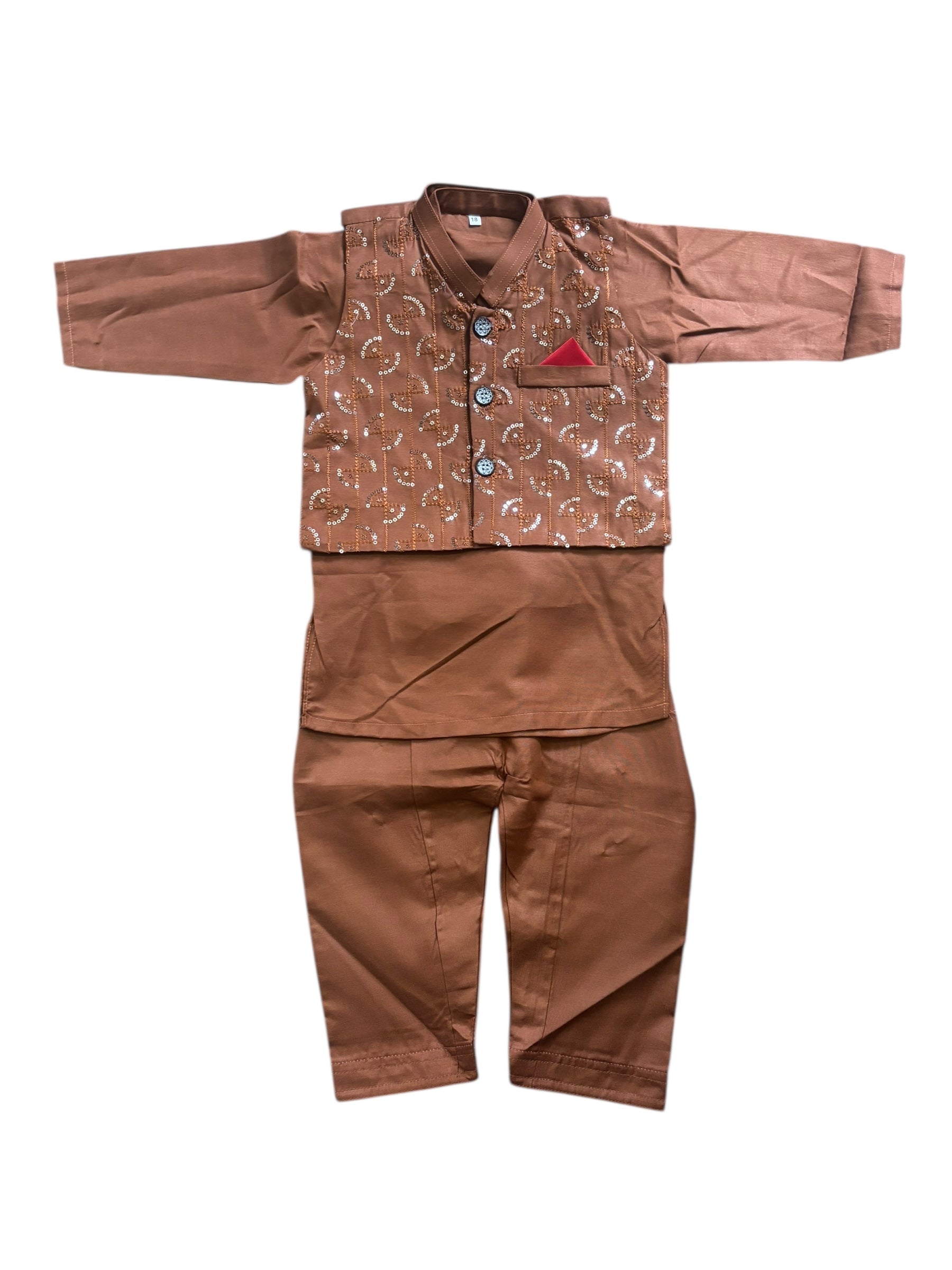 Traditional boys' kurta, pajama, and coat set by Saree Ghor Charlotte, featuring ethnic wear for young children.