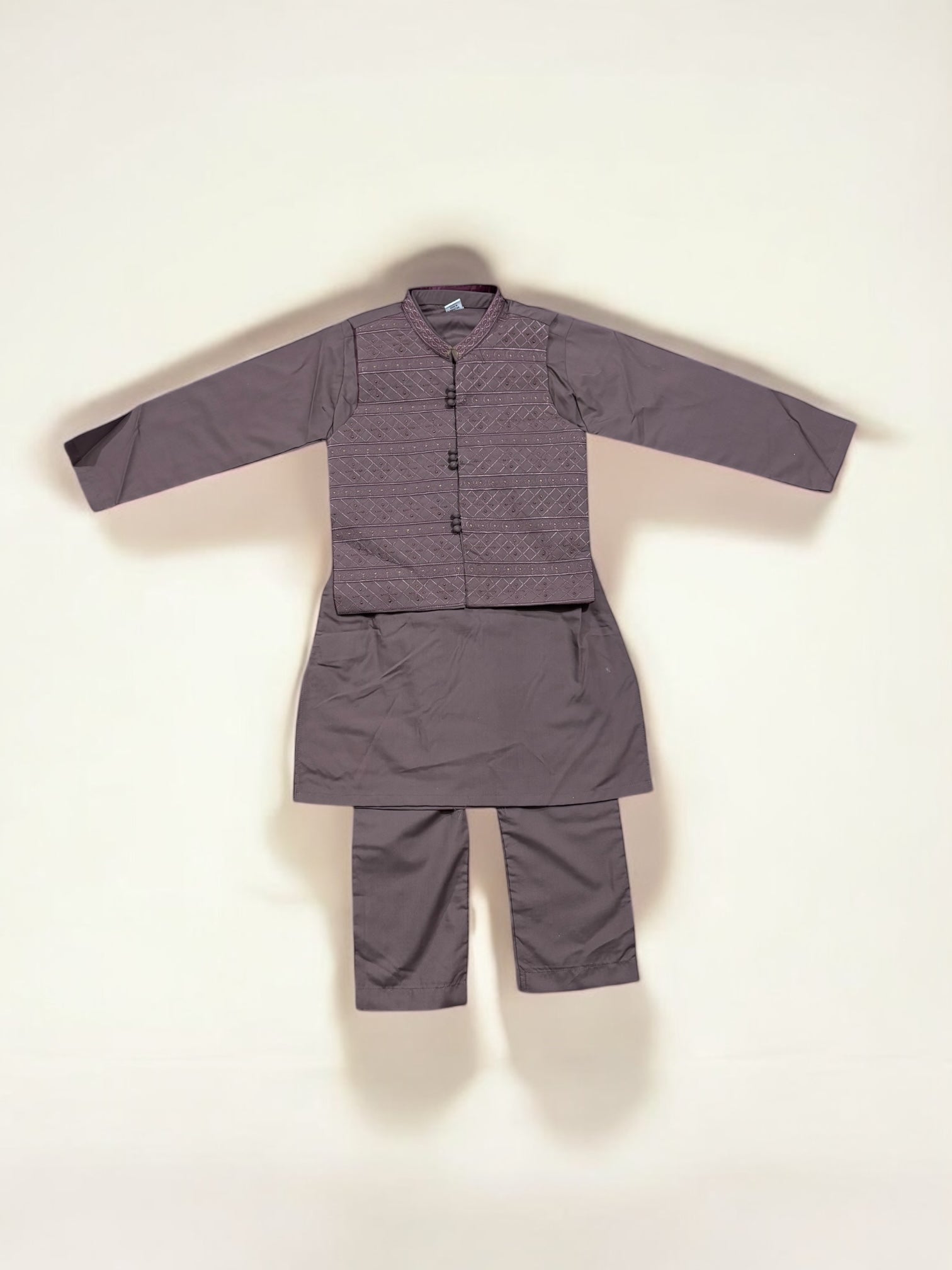 Traditional soft cotton boys kurta, pajama, and coat set for infants, cultural ethnic wear by Saree Ghor Charlotte.