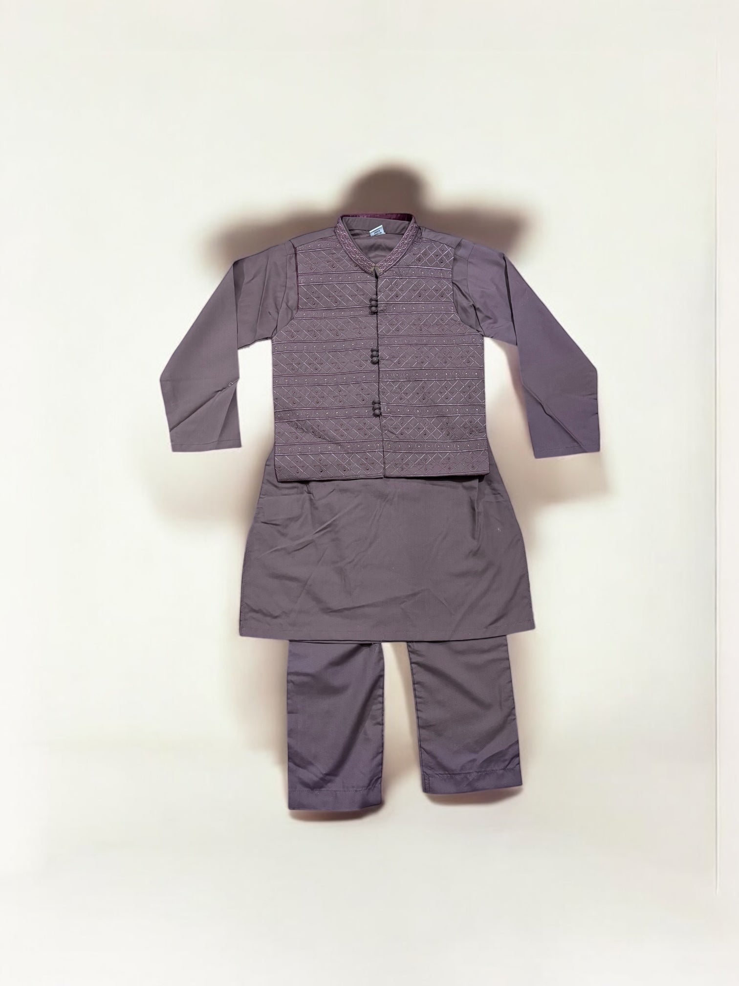 Traditional soft cotton boys kurta, pajama, and coat set by Saree Ghor Charlotte, suitable for cultural wear for infants.