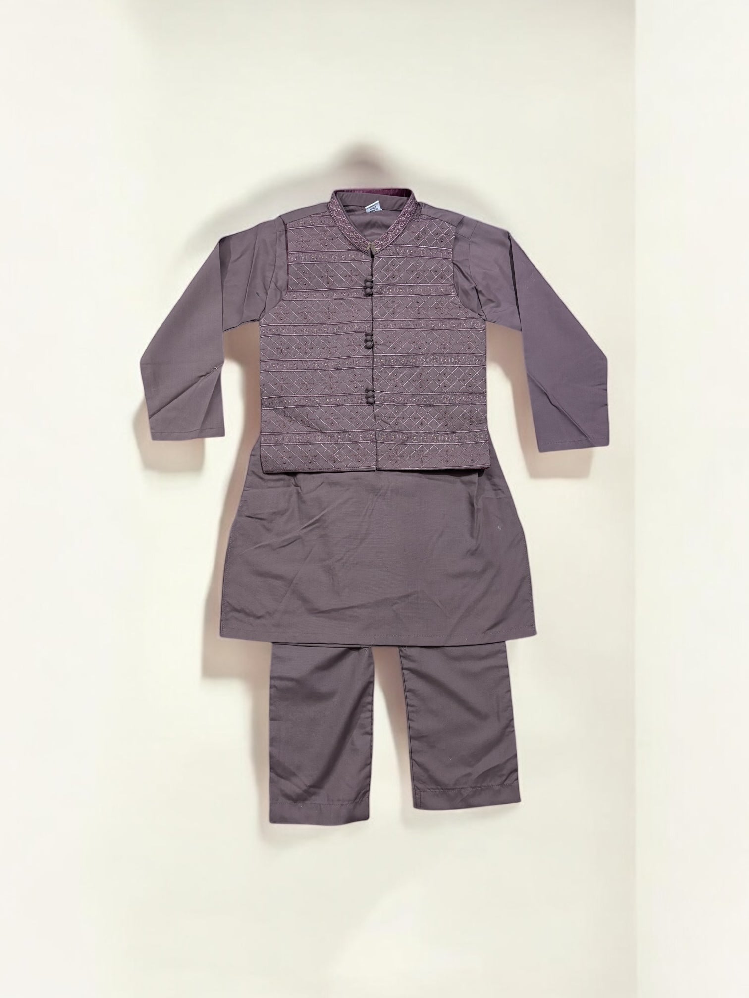 Soft cotton boys kurta, pajama, and coat set in traditional style by Saree Ghor Charlotte, suitable for cultural wear.