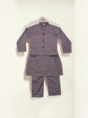 Soft cotton boys kurta, pajama, and coat set in traditional style by Saree Ghor Charlotte, suitable for cultural wear.