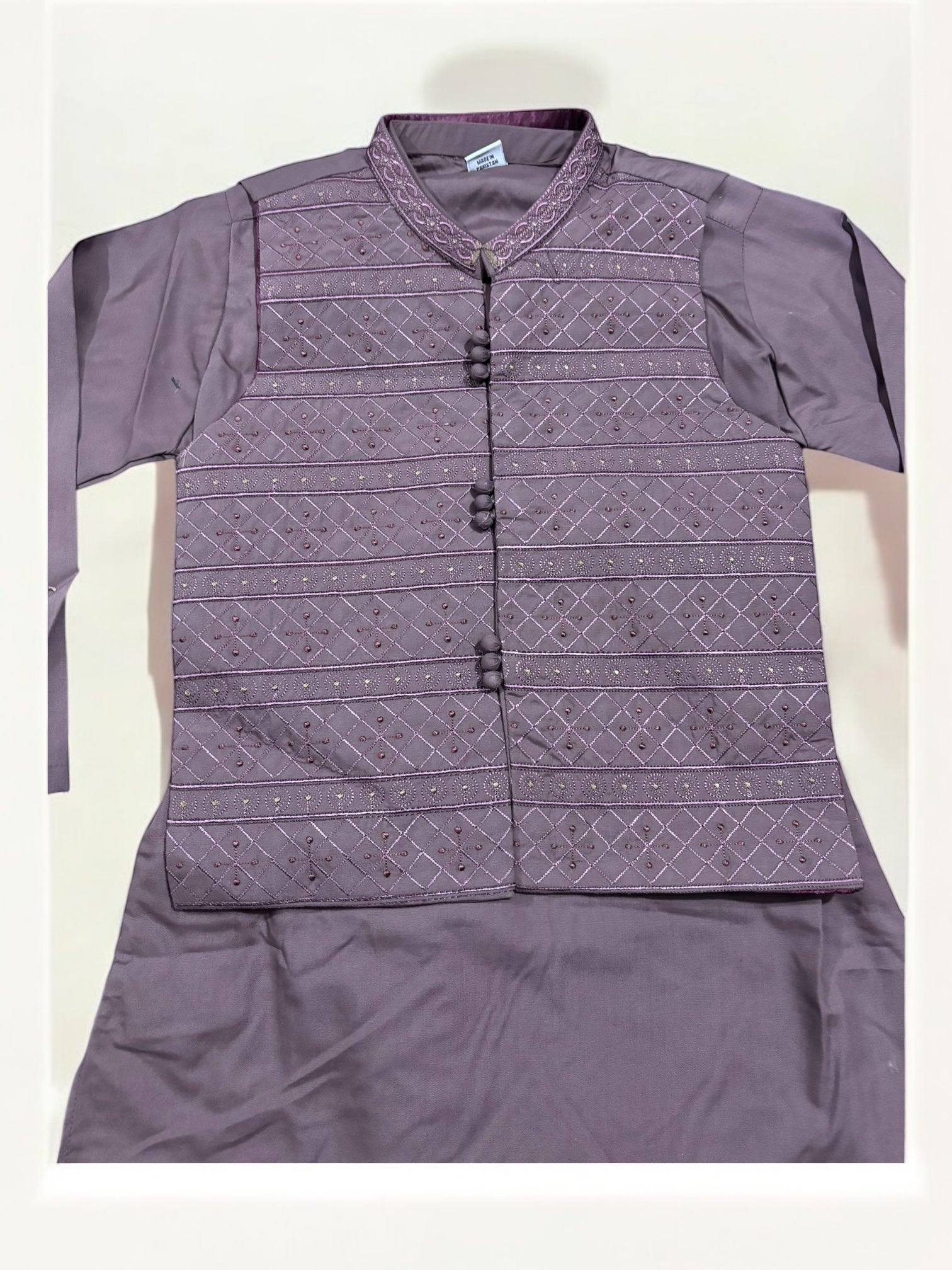 Traditional soft cotton boys kurta, pajama, and coat set by Saree Ghor Charlotte, perfect for cultural wear in 0-3 months.