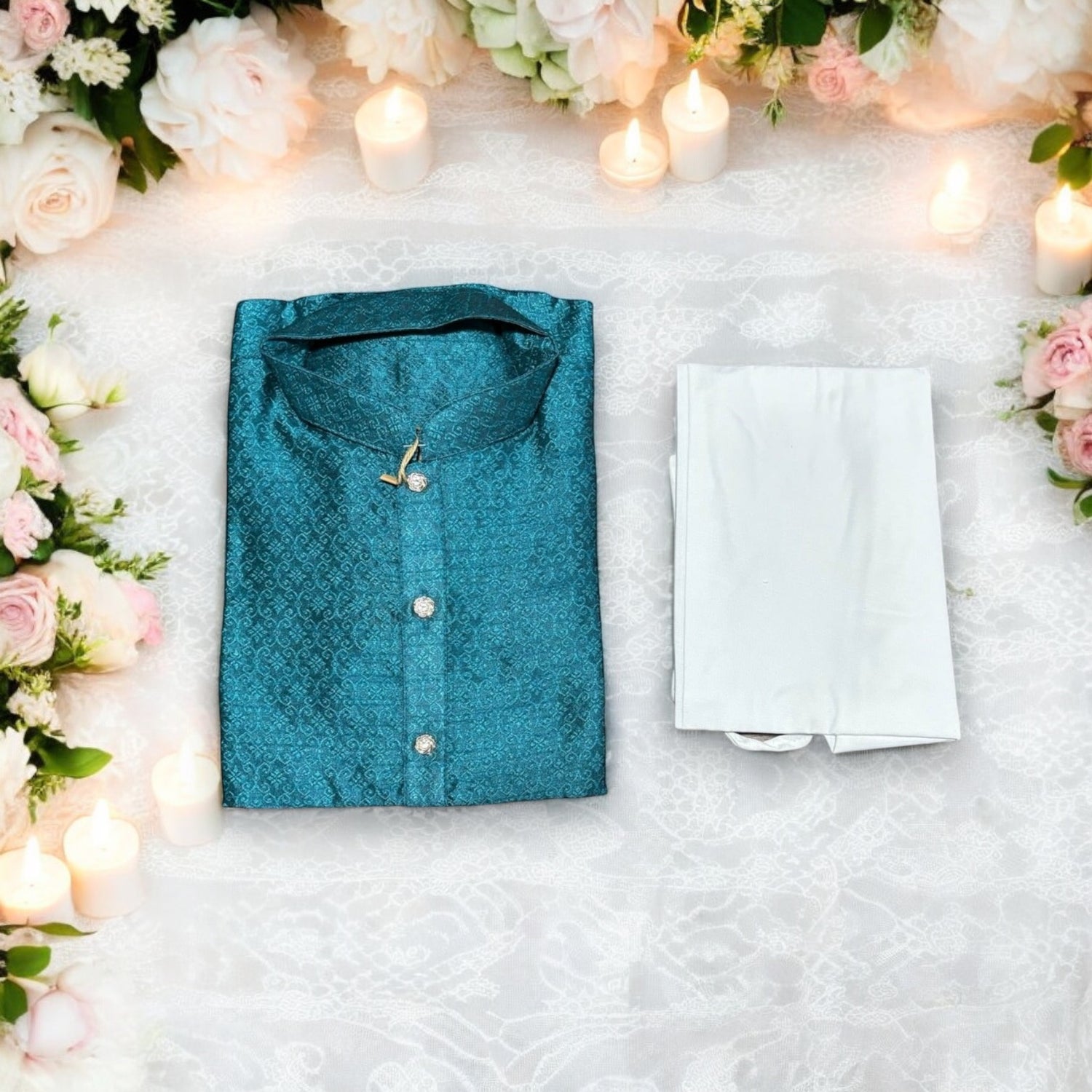 Traditional- Boys Rama Blue Silk Kurta Pajama - 6216 - Saree Ghor Charlotte