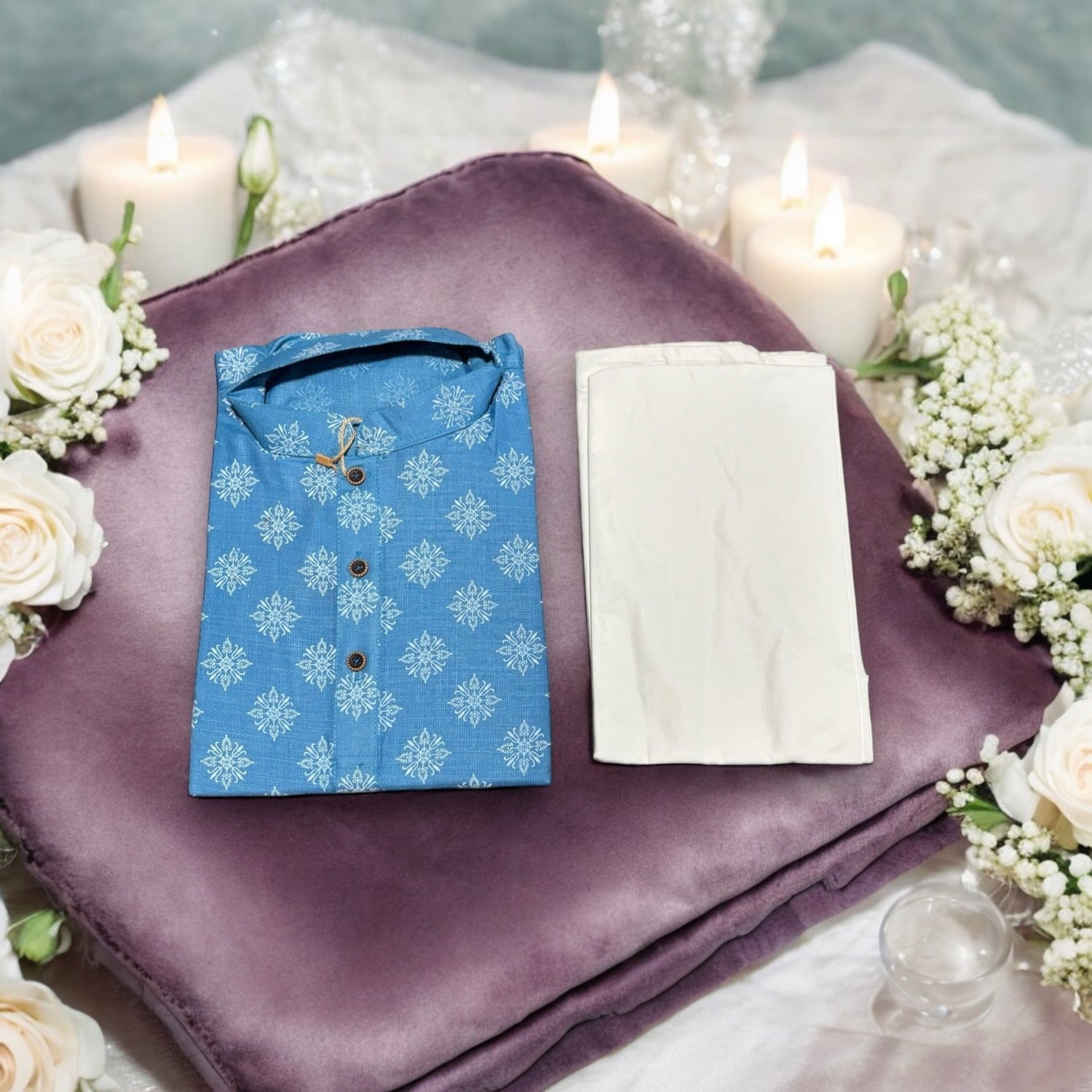 Traditional- Boys Sky Blue Printed Kurta Pajama - 6415 - Saree Ghor Charlotte