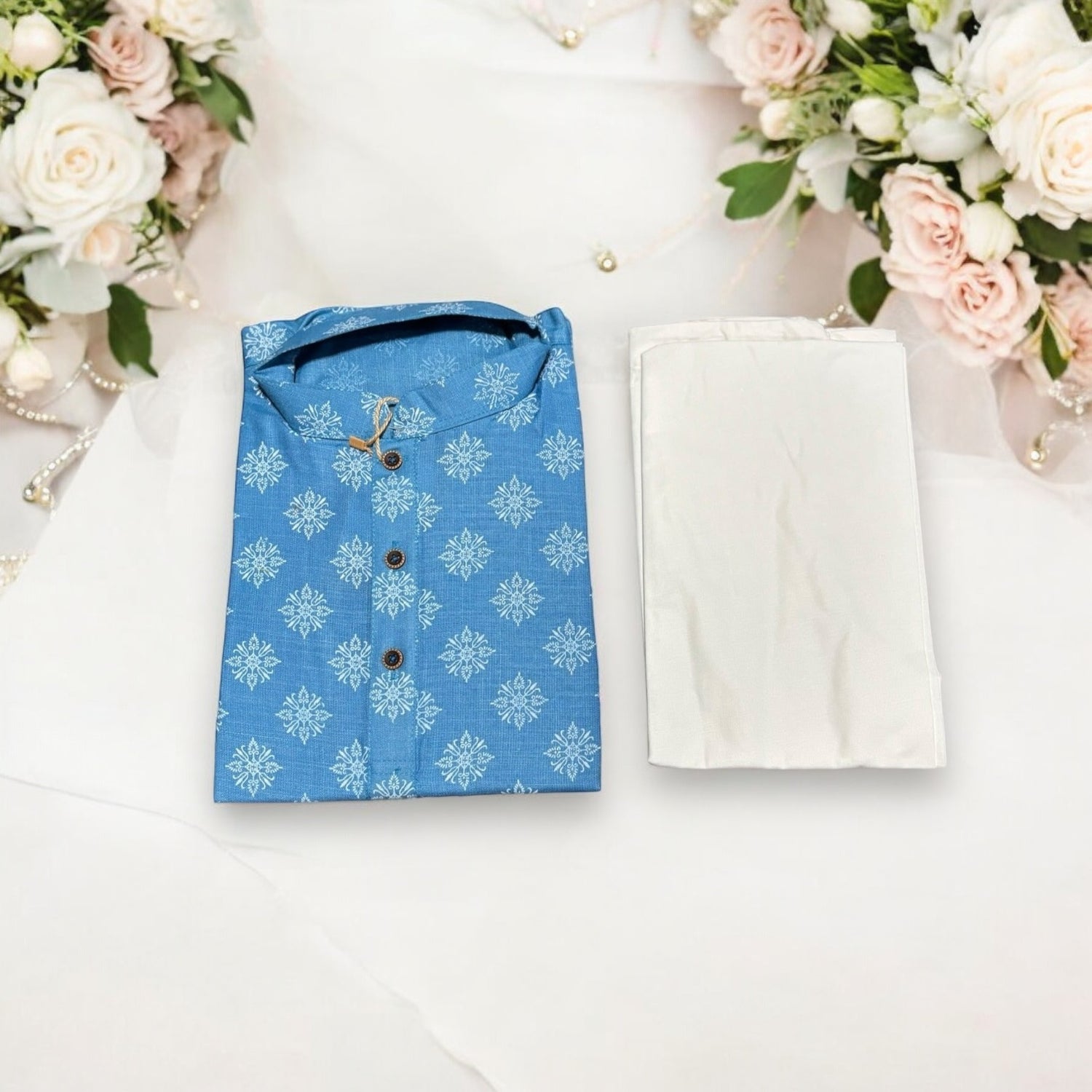 Traditional- Boys Sky Blue Printed Kurta Pajama - 6415 - Saree Ghor Charlotte