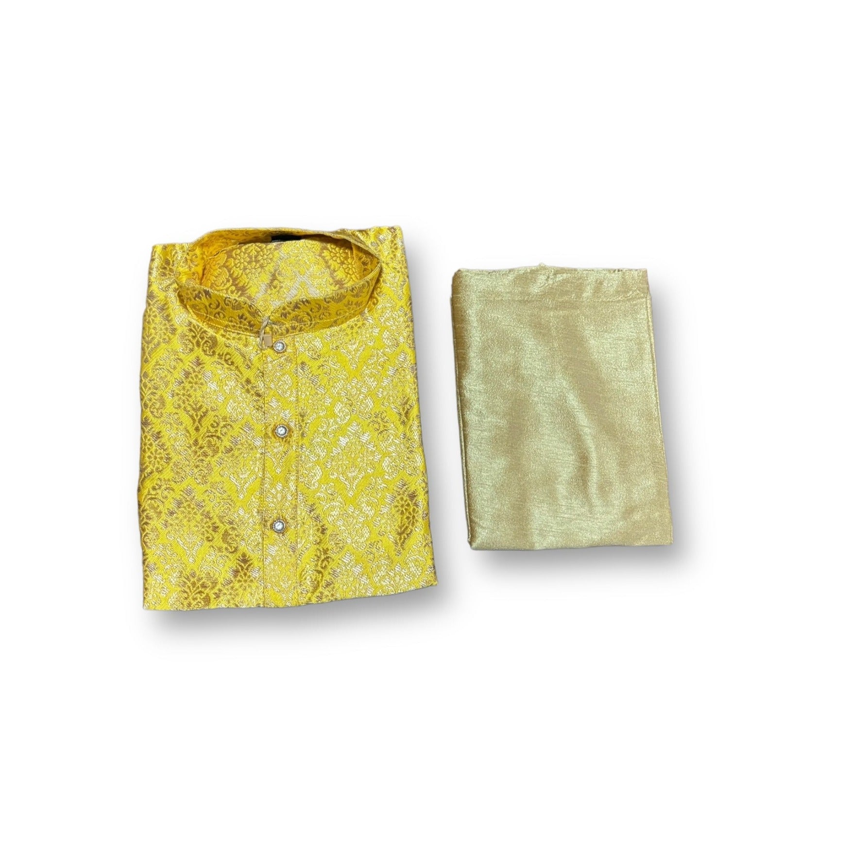 Traditional boys yellow silk kurta and pajama, boys' ethnic wear by Saree Ghor Charlotte, suitable for special occasions.