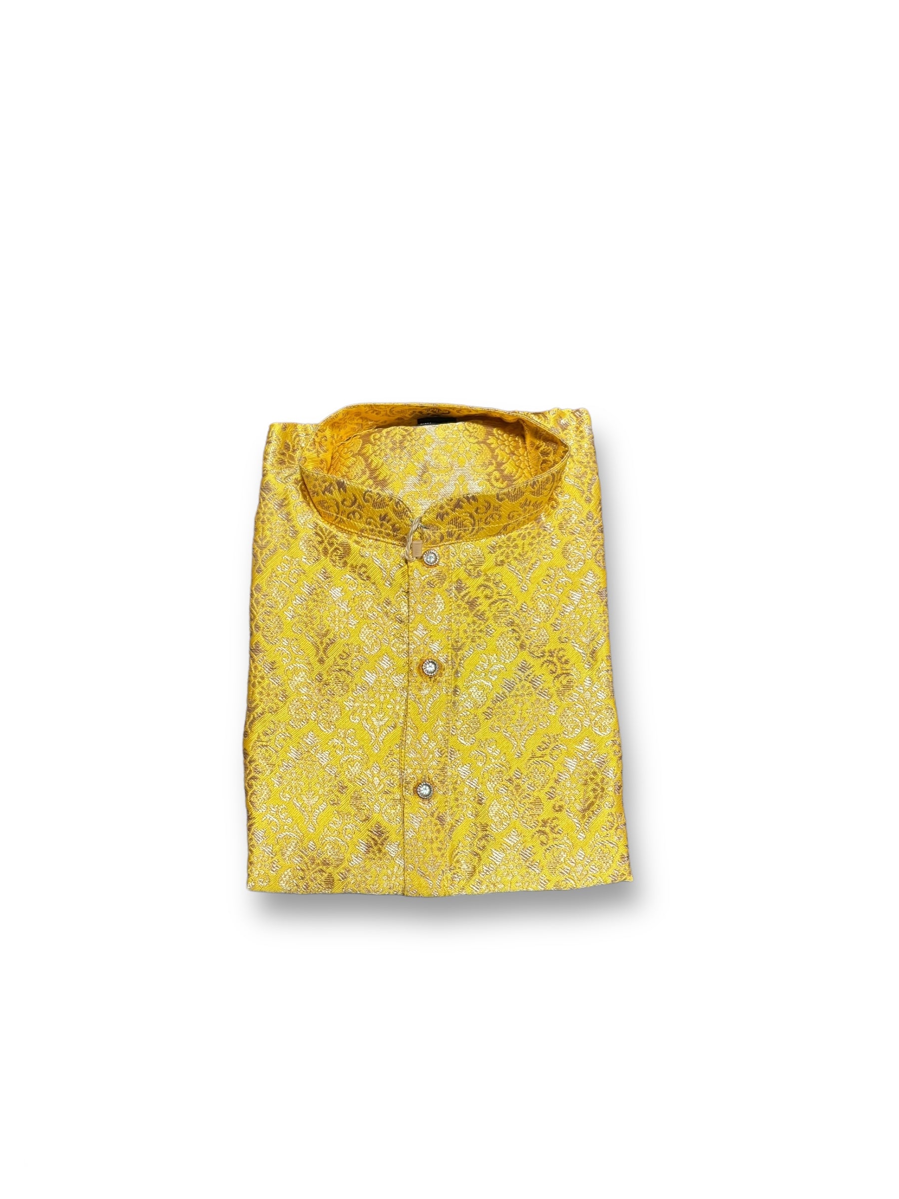 Yellow silk boys kurta pajama with traditional design, from Saree Ghor Charlotte, for young boys, size 1 year.