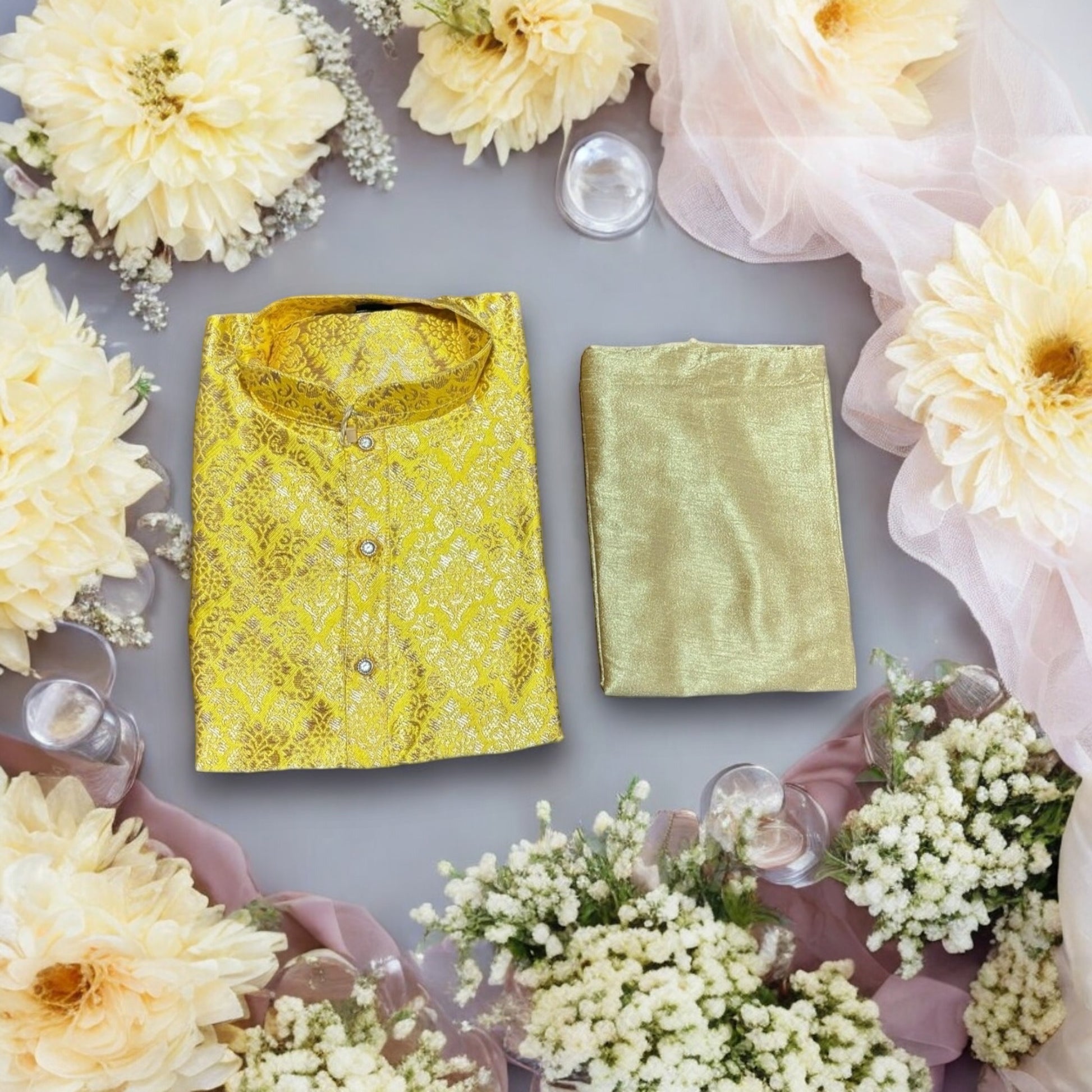 Traditional boys' yellow silk kurta pajama by Saree Ghor Charlotte, featuring classic design and comfortable fit for young boys.