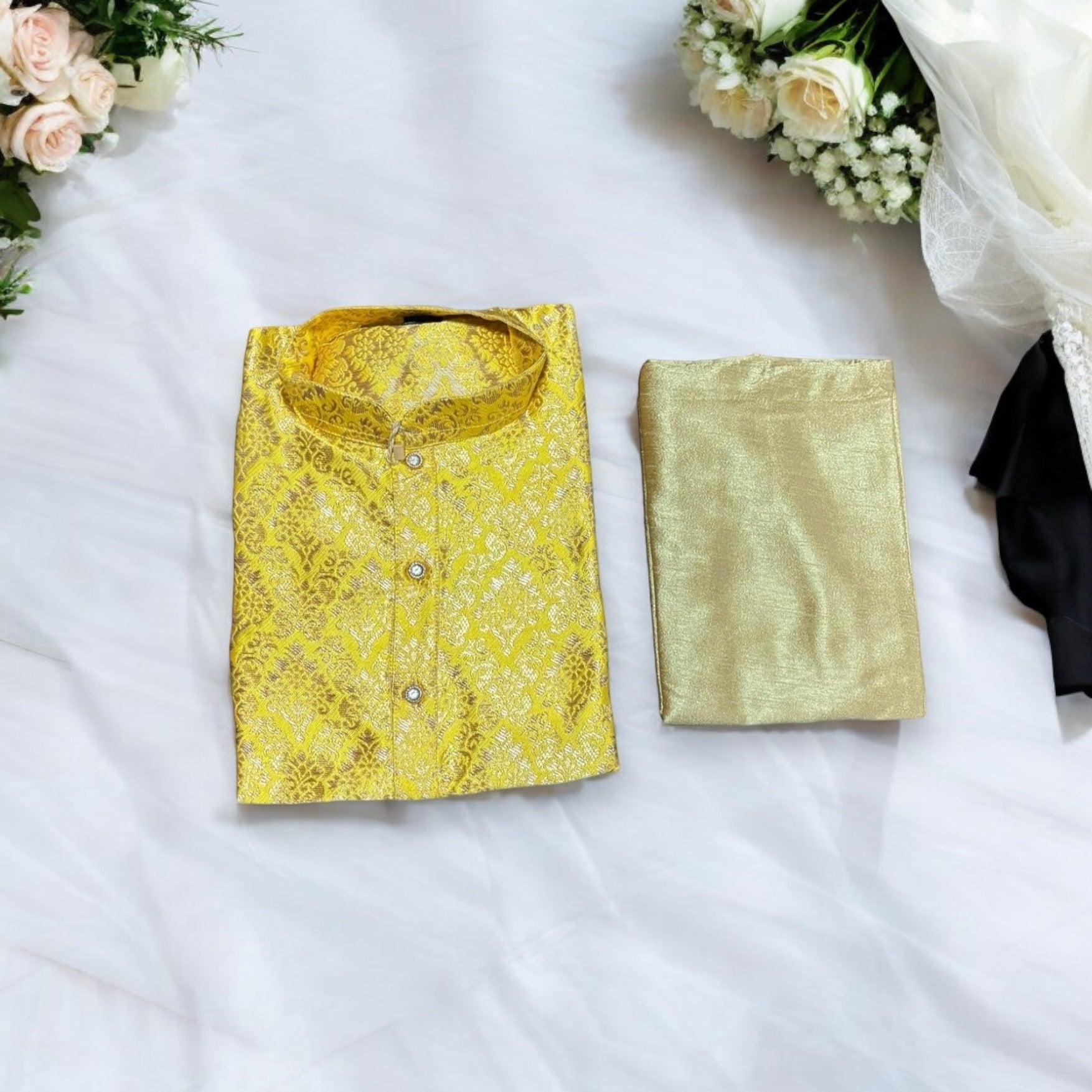 Yellow silk boys kurta pajama with traditional design, by Saree Ghor Charlotte, for 1-year-old boys.