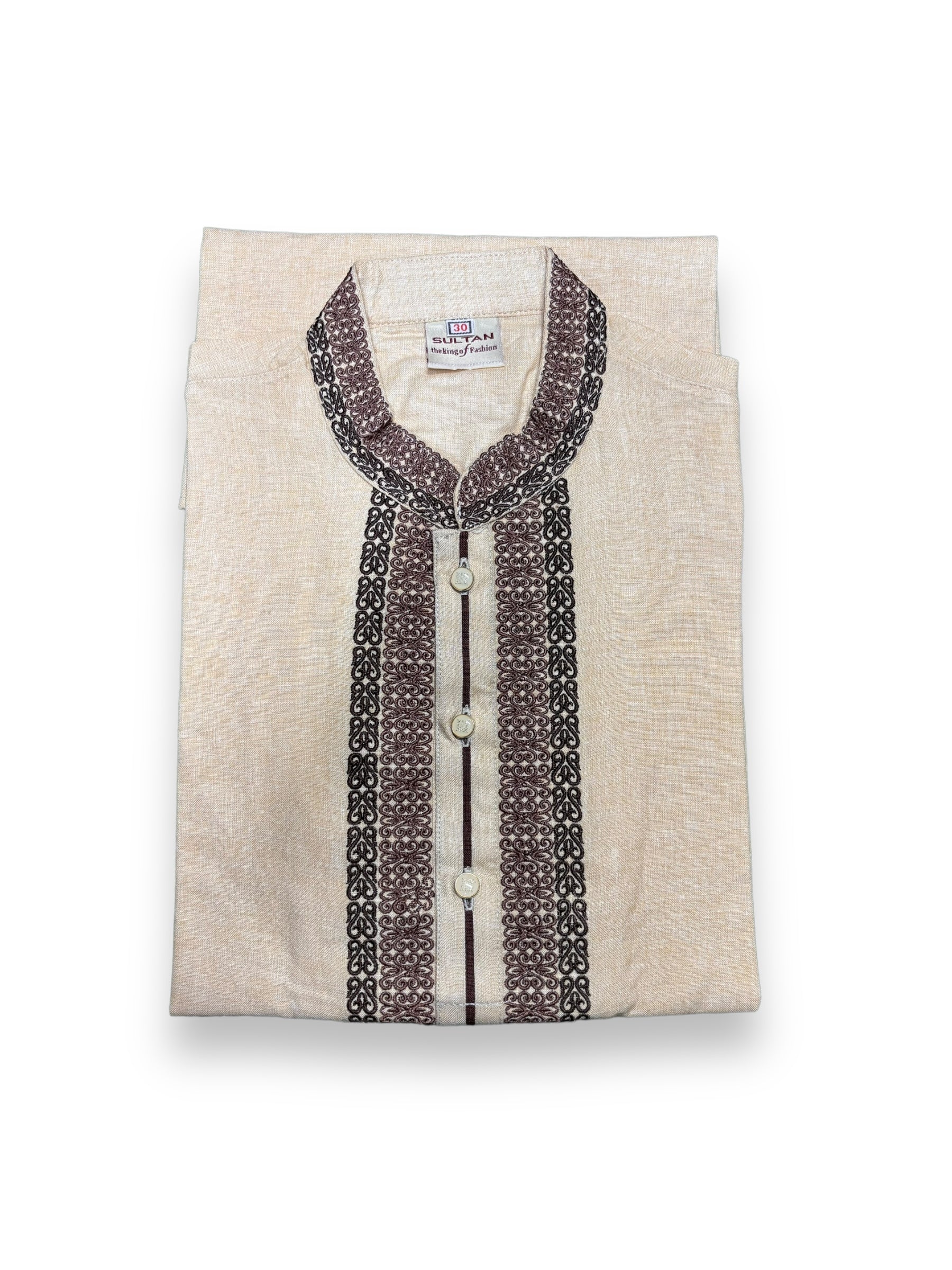 Beige soft cotton traditional boys kurta by Saree Ghor Charlotte for 2-year-old children, front view with intricate stitching.