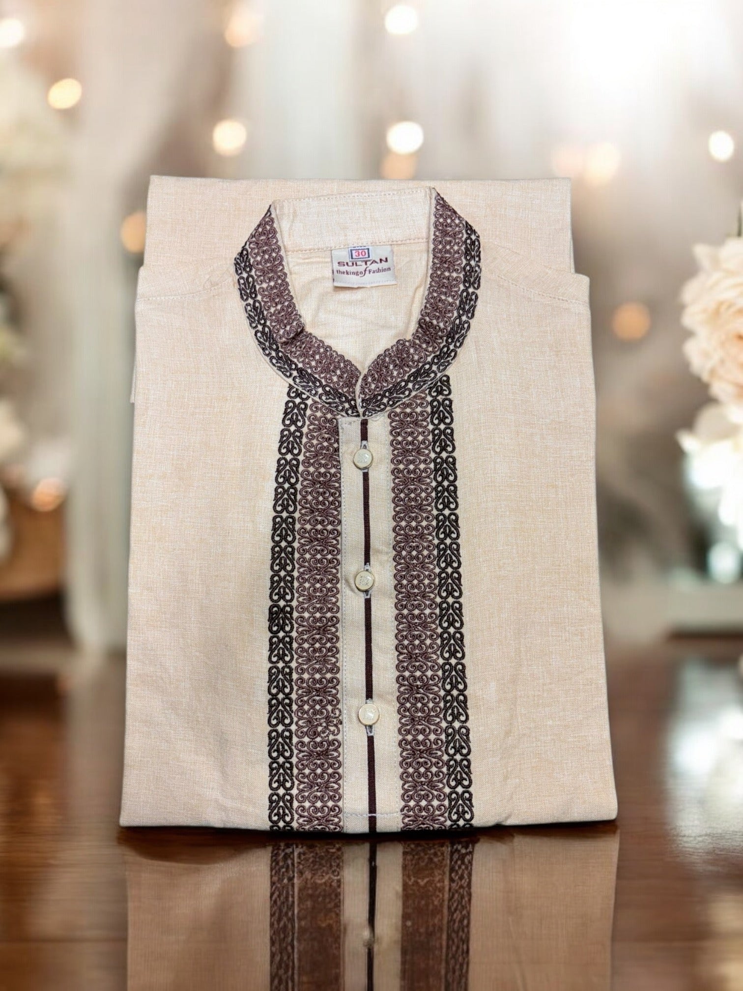 Beige soft cotton boys kurta by Saree Ghor Charlotte, traditional style for 2-year-old boys, comfortable and lightweight.