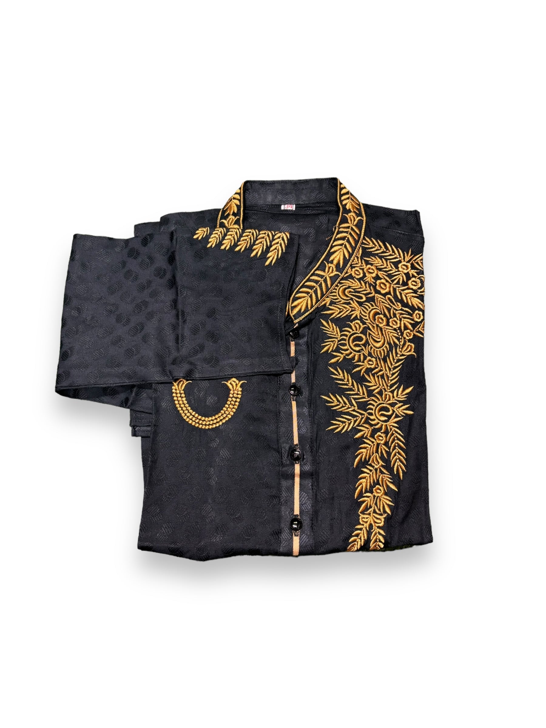 Black soft cotton traditional boys kurta by Saree Ghor Charlotte, featuring classic design for young boys.