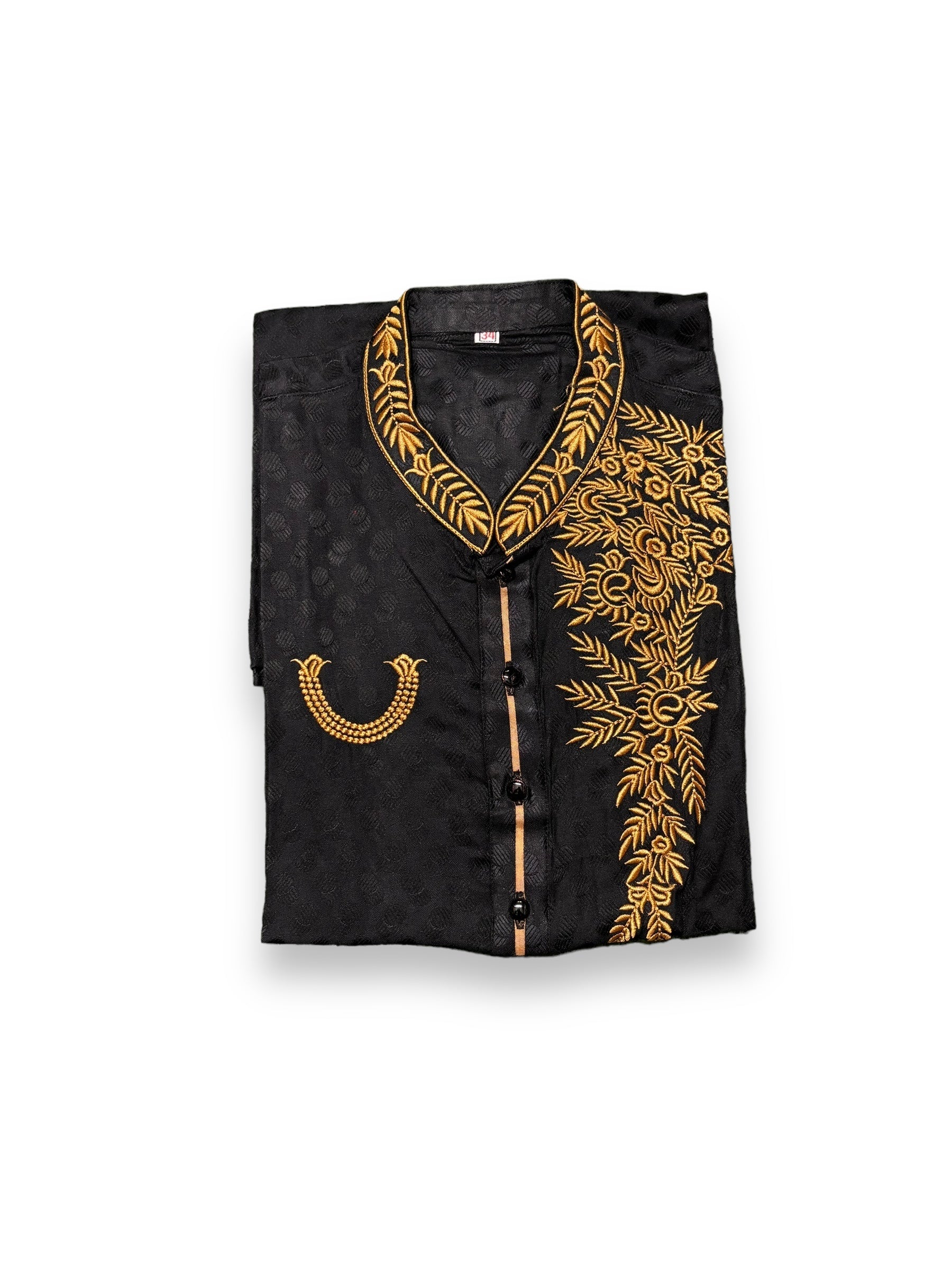 Black soft cotton traditional boys kurta by Saree Ghor Charlotte, featuring comfortable fabric and classic design for young boys.