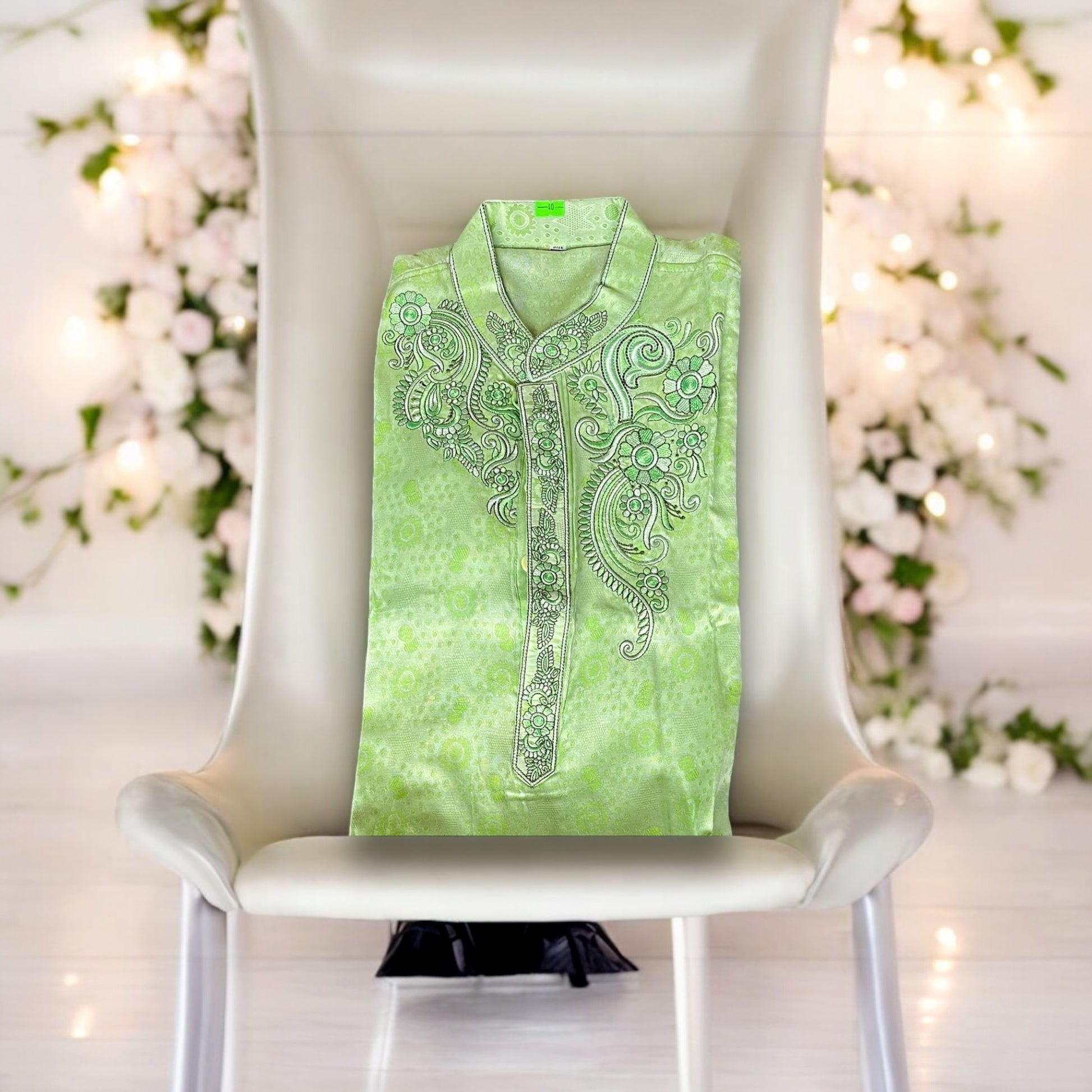 Green soft cotton traditional boys kurta by Saree Ghor Charlotte, suitable for 2-year-olds, featuring a classic design.