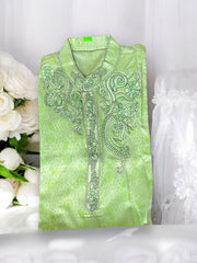 Green cotton traditional boys kurta by Saree Ghor Charlotte, soft fabric with classic design for young children.