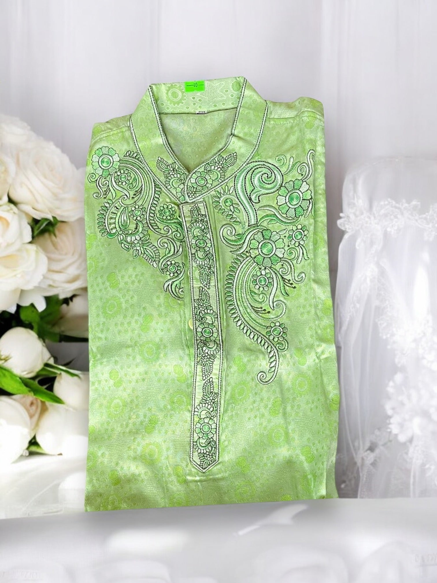 Green cotton traditional boys kurta by Saree Ghor Charlotte, soft fabric with classic design for young children.