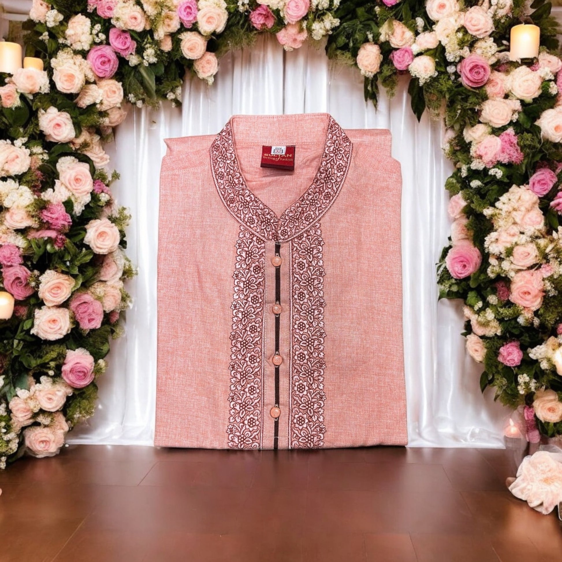 Light pink cotton boys kurta from Saree Ghor Charlotte, traditional style for young boys, soft and comfortable fabric.