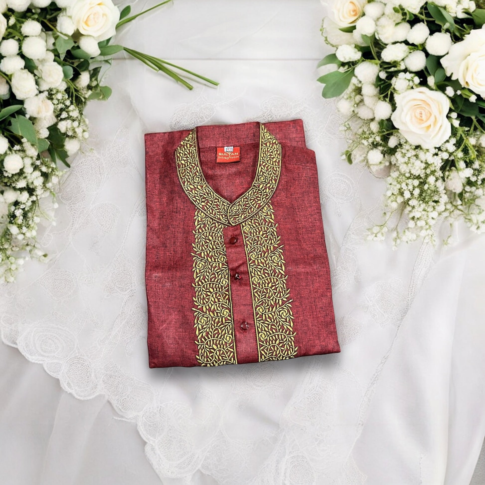 Maroon soft cotton traditional boys kurta by Saree Ghor Charlotte, suitable for 2-year-old boys, with classic design and comfortable fit.