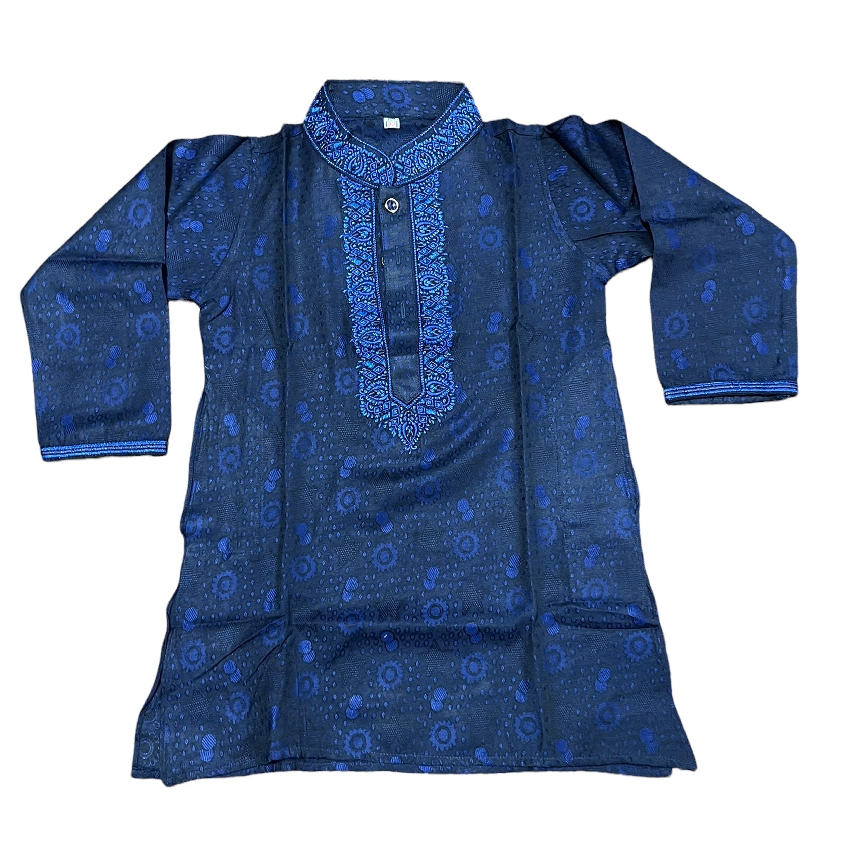 Blue soft cotton traditional boys kurta by Saree Ghor Charlotte, designed for 3-year-old boys, featuring classic embroidery and comfortable fit.