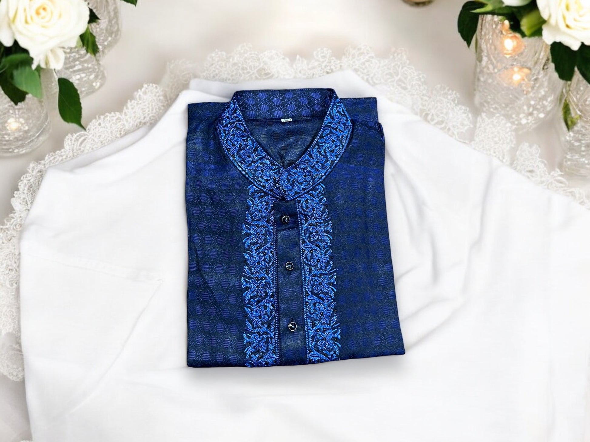 Blue soft cotton traditional boys kurta for 3-year-old, stylish Indian boys' ethnic wear by Saree Ghor Charlotte.