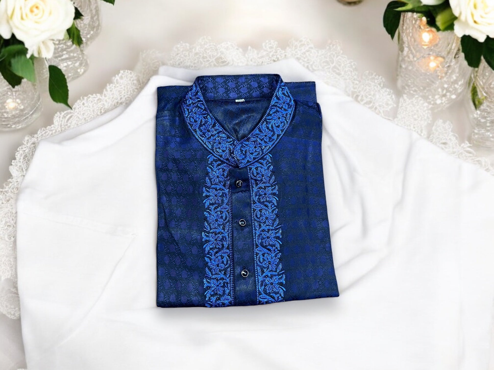 Blue soft cotton traditional boys kurta for 3-year-old, stylish Indian boys' ethnic wear by Saree Ghor Charlotte.