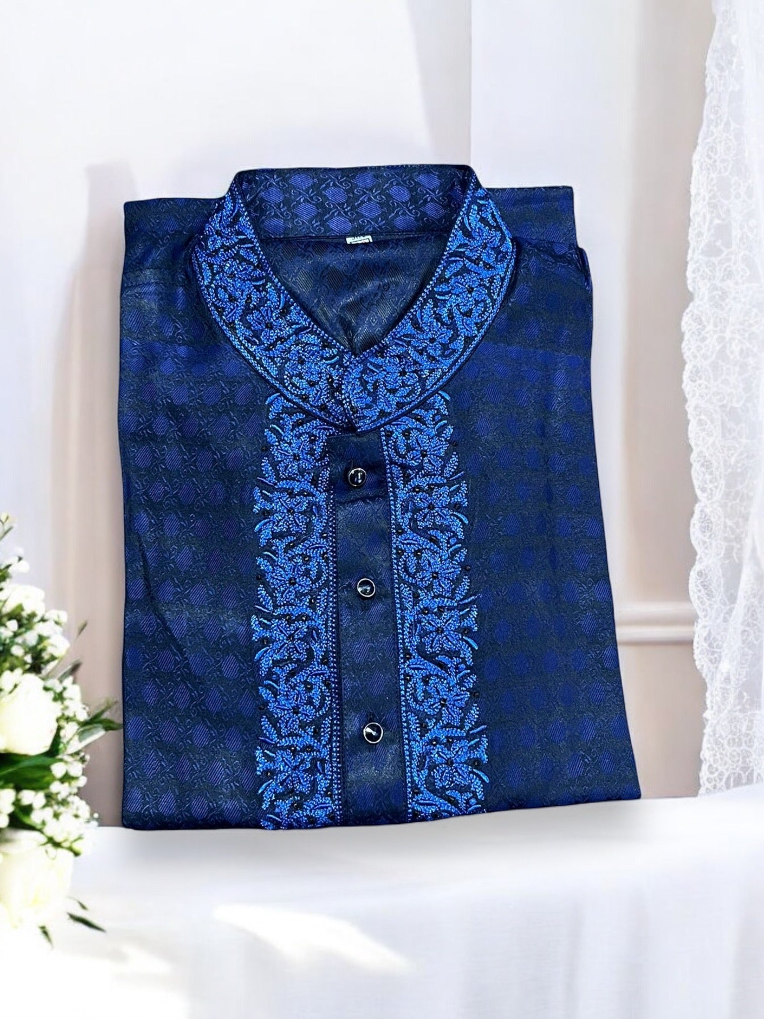 Blue soft cotton traditional boys kurta by Saree Ghor Charlotte, featuring a comfortable fit and classic design for young boys.