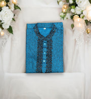 Traditional blue cotton boys kurta by Saree Ghor Charlotte, ethnic wear for 4-5 years, with intricate embroidery and classic design.