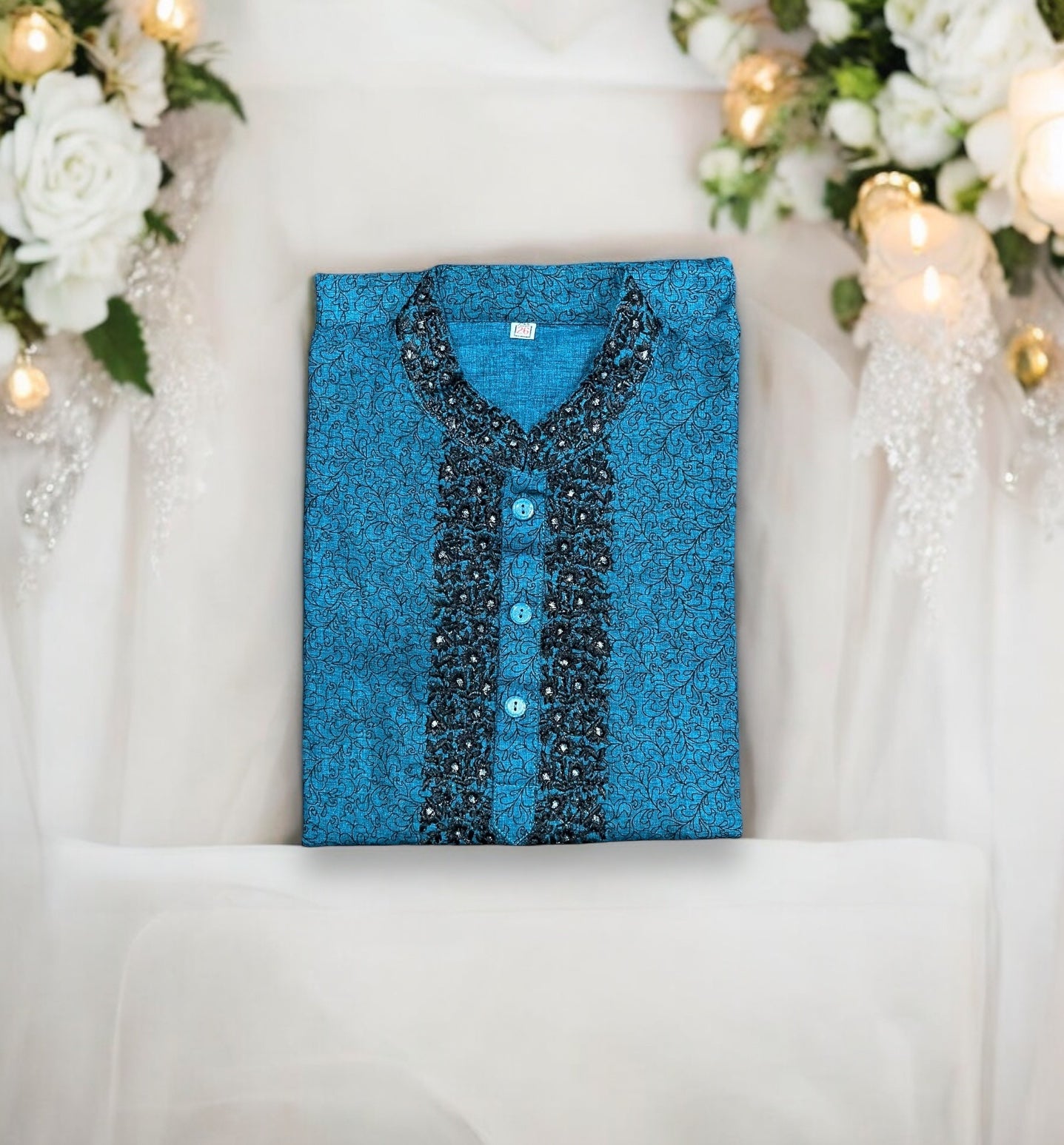 Traditional blue cotton boys kurta by Saree Ghor Charlotte, ethnic wear for 4-5 years, with intricate embroidery and classic design.