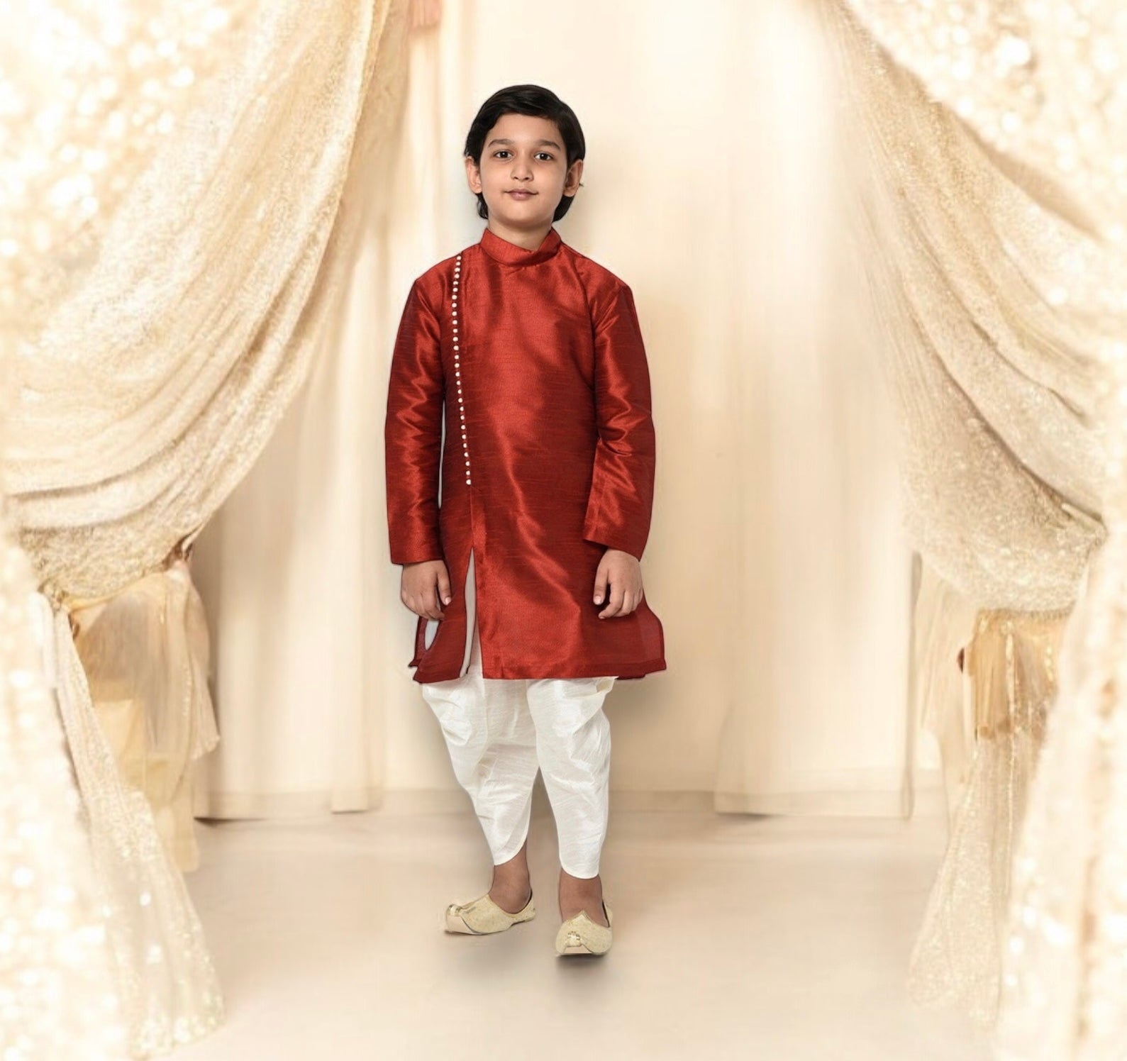 Maroon, Traditional Silk Kurta Pajama Set for Boys, Cultural Wear - Saree Ghor Charlotte
