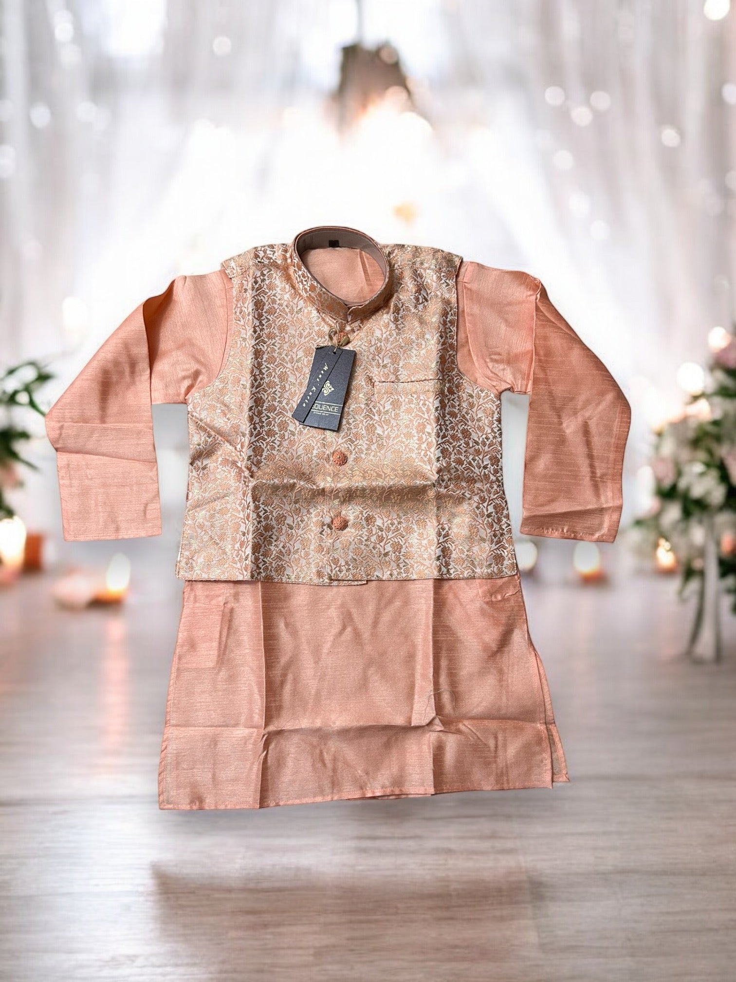 Peach Silk Traditional Kurta Pajama Set with Matching Vest, D6420, Cultural Wear - Saree Ghor Charlotte