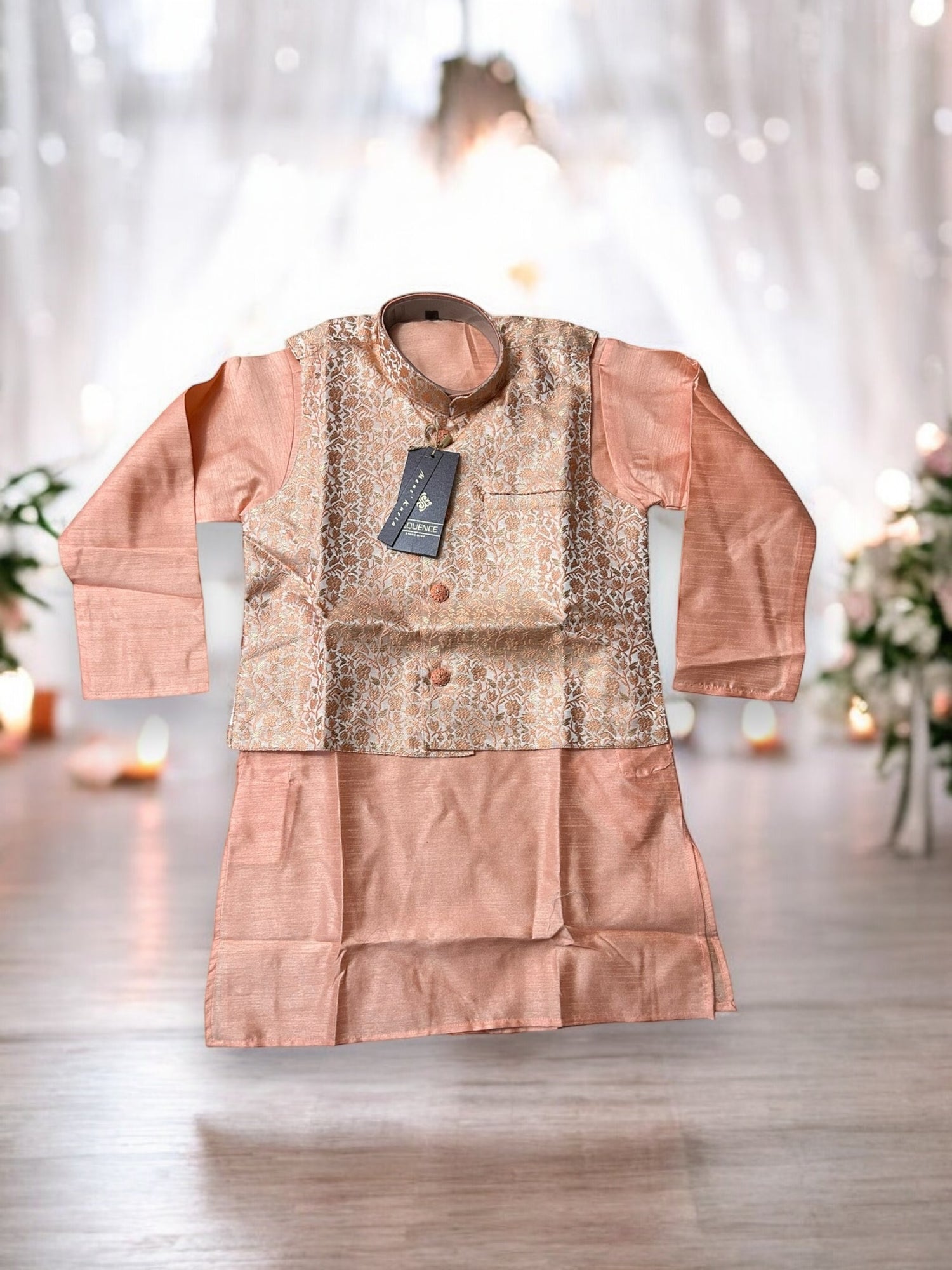 Peach Silk Traditional Kurta Pajama Set with Matching Vest - D6420- Ethnic Wear - Saree Ghor Charlotte