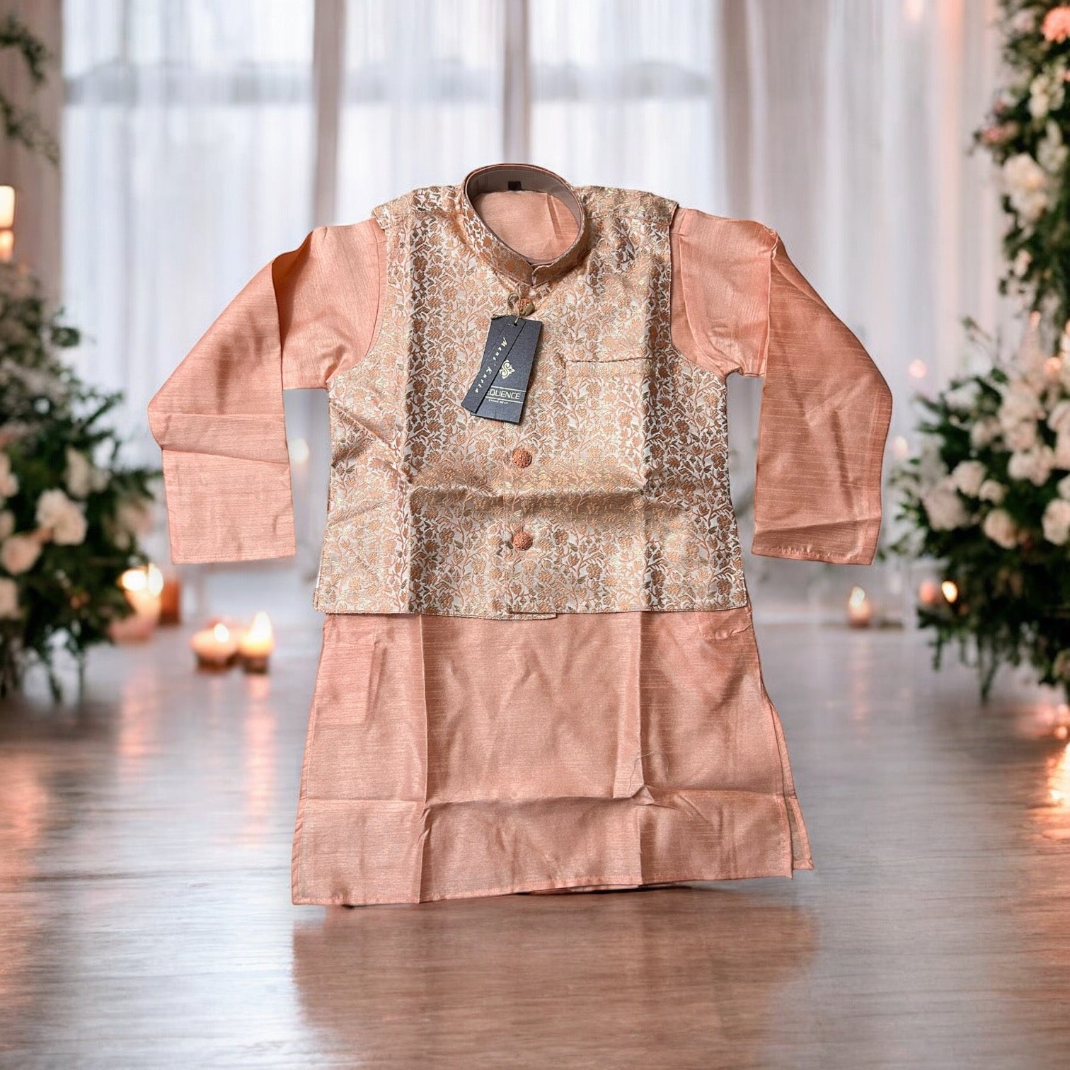 Peach Silk Traditional Kurta Pajama Set with Matching Vest, D6420, Cultural Wear - Saree Ghor Charlotte
