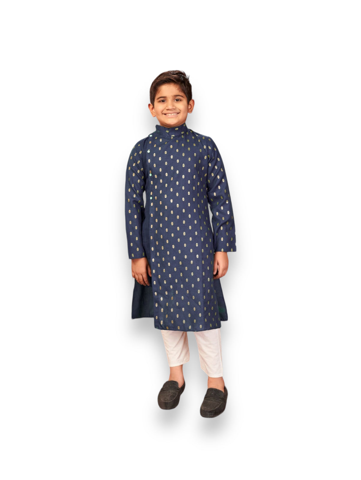 Navy Blue, Pure Cotton, Foil Printed Traditional Kurta Pajama Set for Boys, Cultural Wear - Saree Ghor Charlotte