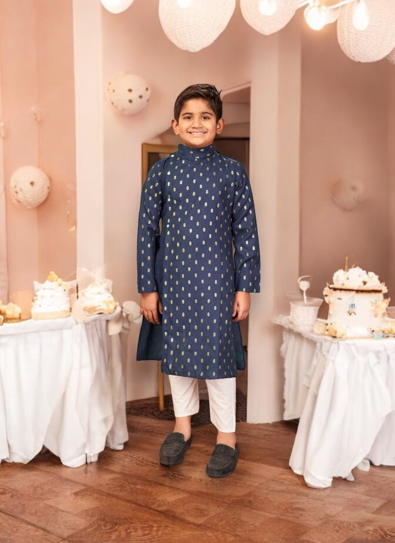 Navy Blue, Pure Cotton, Foil Printed Traditional Kurta Pajama Set for Boys, Cultural Wear - Saree Ghor Charlotte