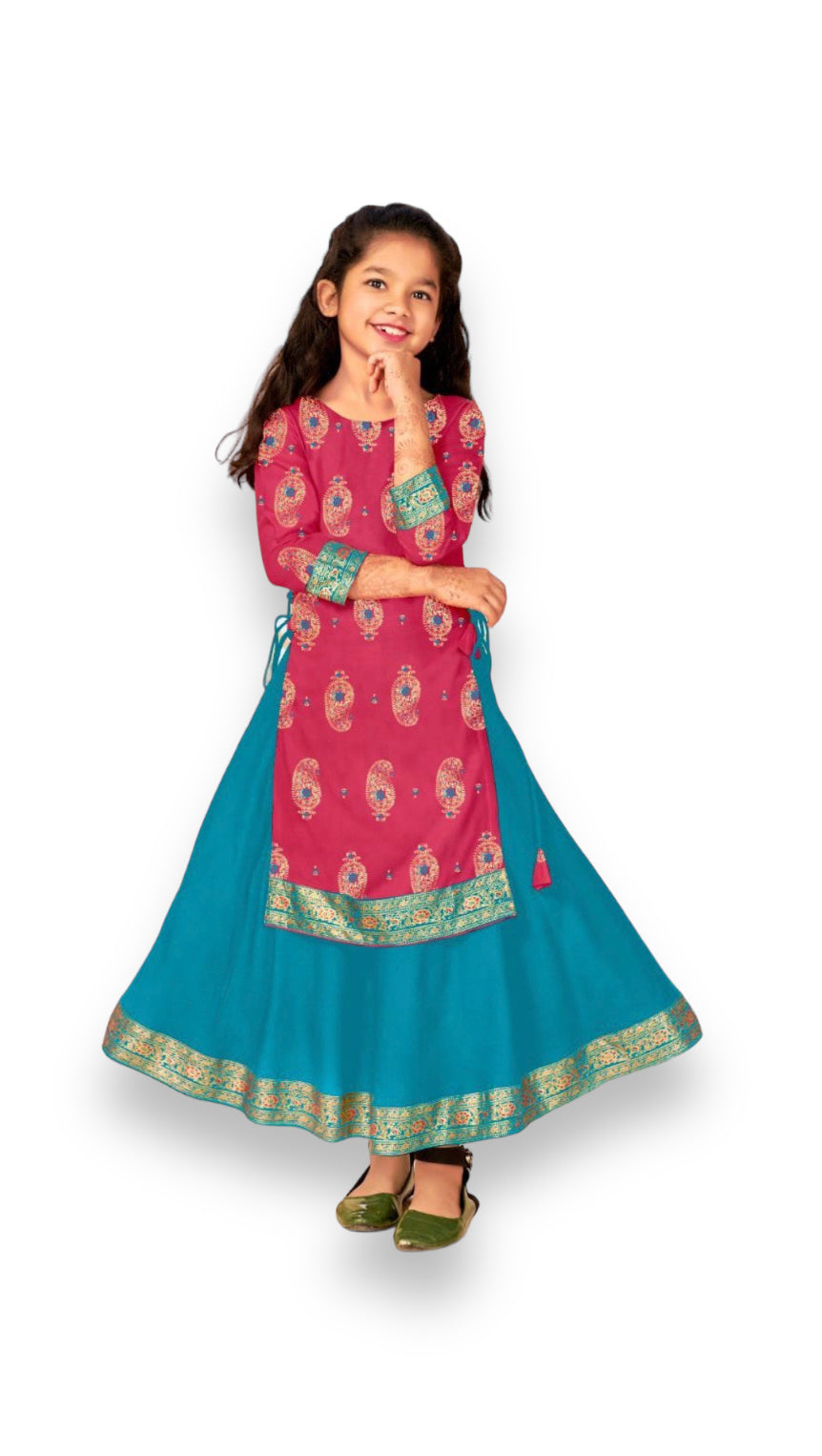 Elegant girls' rayon foil-printed gown by Saree Ghor Charlotte, traditional style cultural dress for young girls aged 4-5 years.