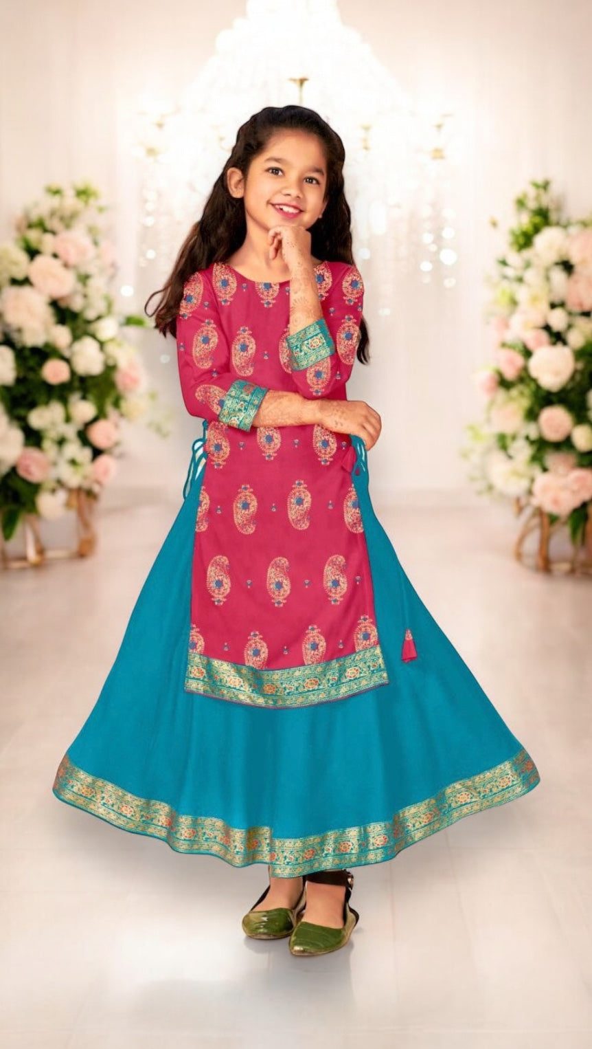 Elegant girls' rayon foil-printed traditional gown in vibrant colors, designed for 4-5 years old, by Saree Ghor Charlotte.