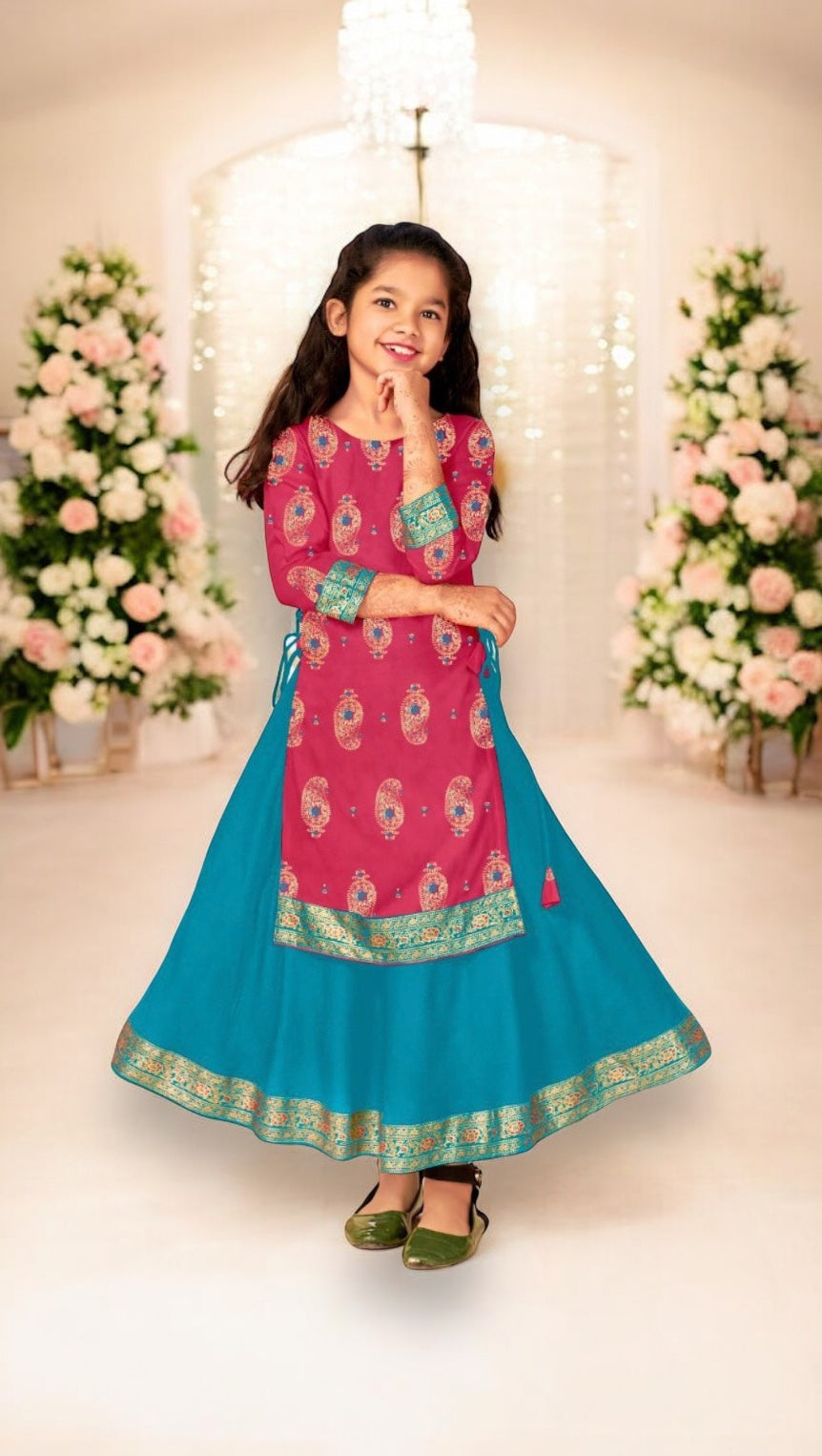 Elegant girls rayon foil printed gown by Saree Ghor Charlotte, traditional ethnic dress with intricate design for 4-5 years age.