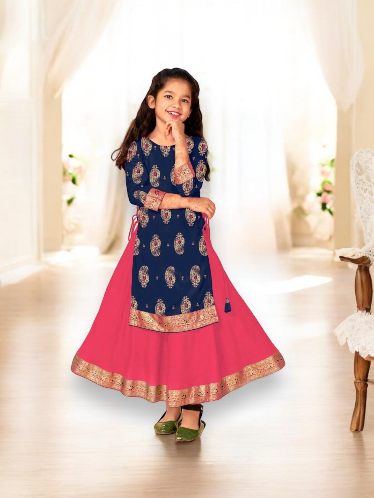 Elegant Girls Rayon Foil Printed Gown-Style Traditional Dress - Ethnic Wear - 02 - Saree Ghor Charlotte