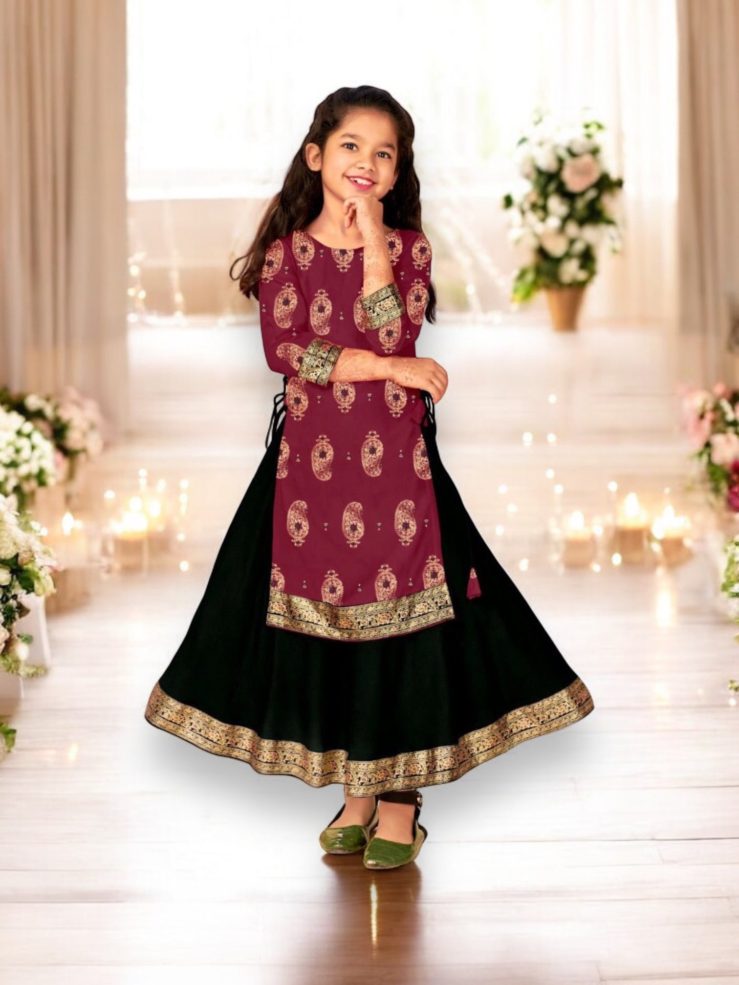 Elegant Girls Rayon Foil Printed Gown,Style Traditional Dress, Cultural Wear, 12 - Saree Ghor Charlotte