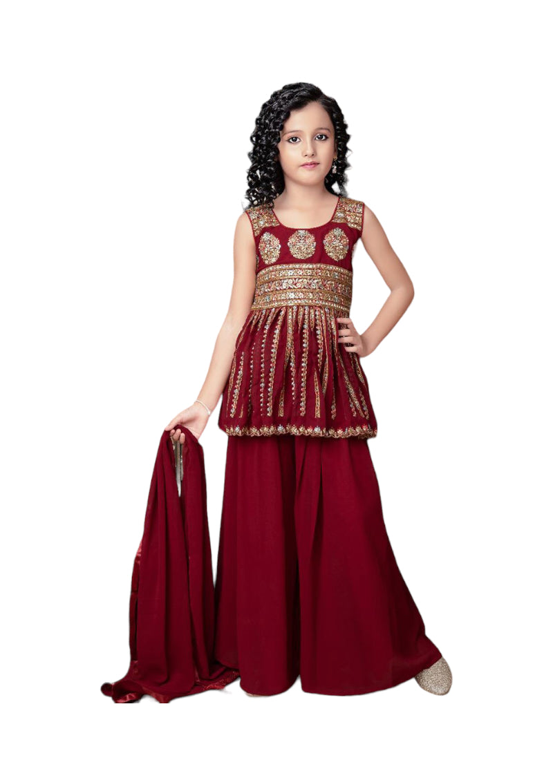 Maroon Traditional Salwar Kameez Suit for Young Girls, Cultural Wear - Saree Ghor Charlotte