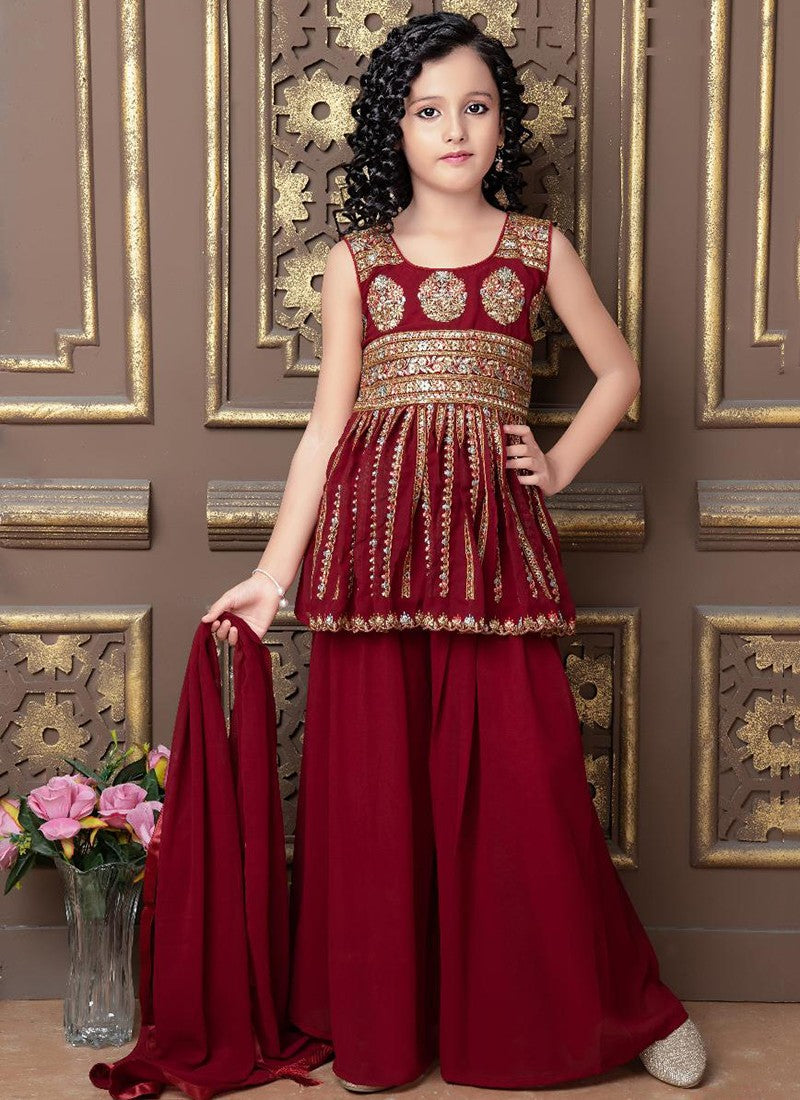 Maroon Traditional Salwar Kameez Suit for Young Girls, Cultural Wear - Saree Ghor Charlotte