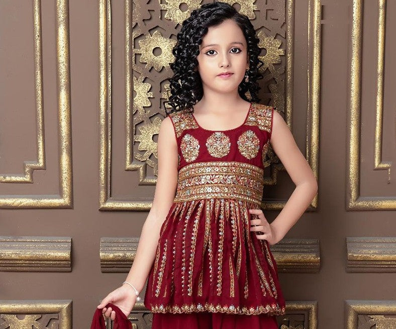 Maroon Traditional Salwar Kameez Suit for Young Girls, Cultural Wear - Saree Ghor Charlotte