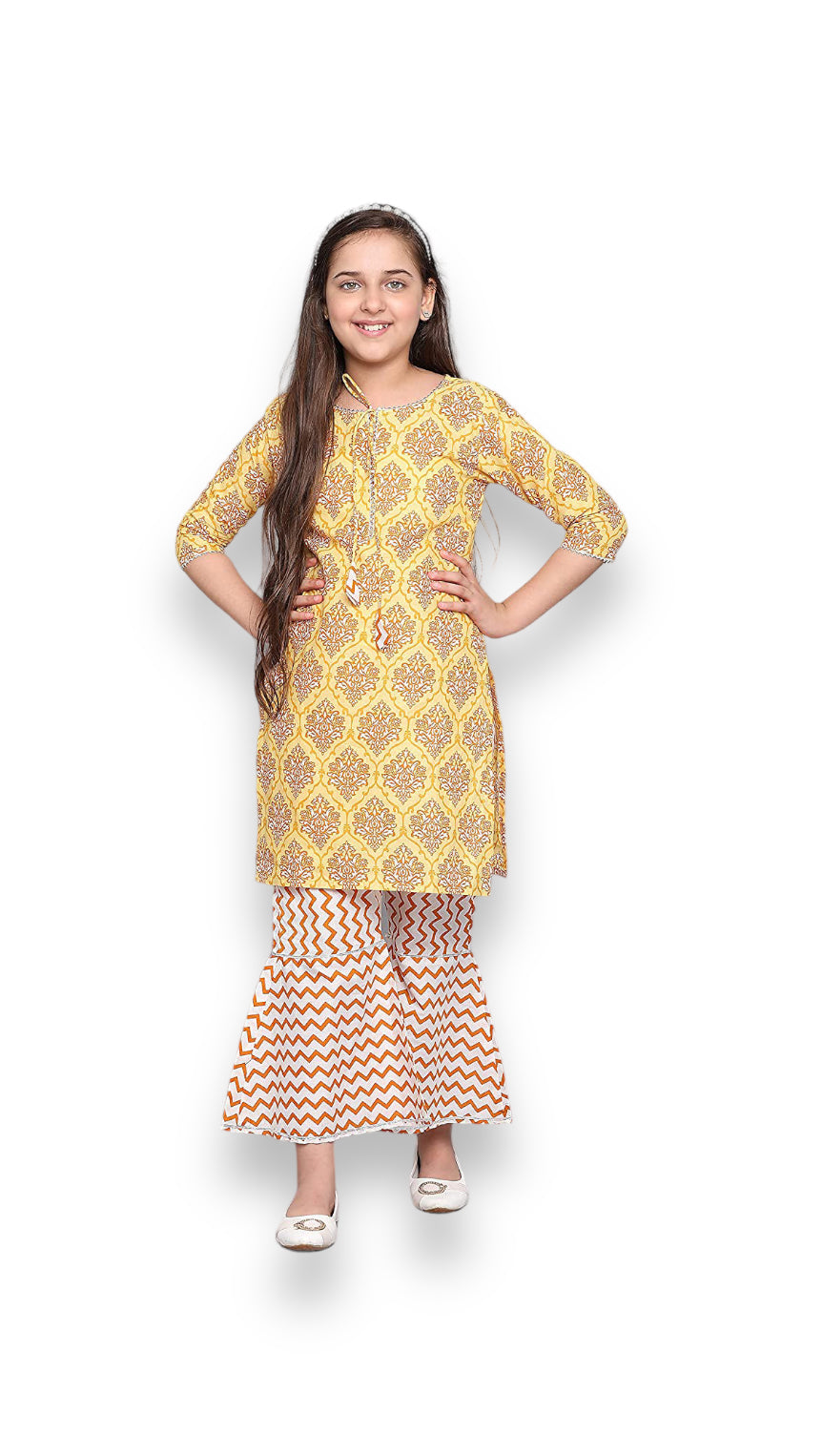Girls traditional cotton kurti set with matching pant from Saree Ghor Charlotte, colorful ethnic wear for kids aged 4-5 years.